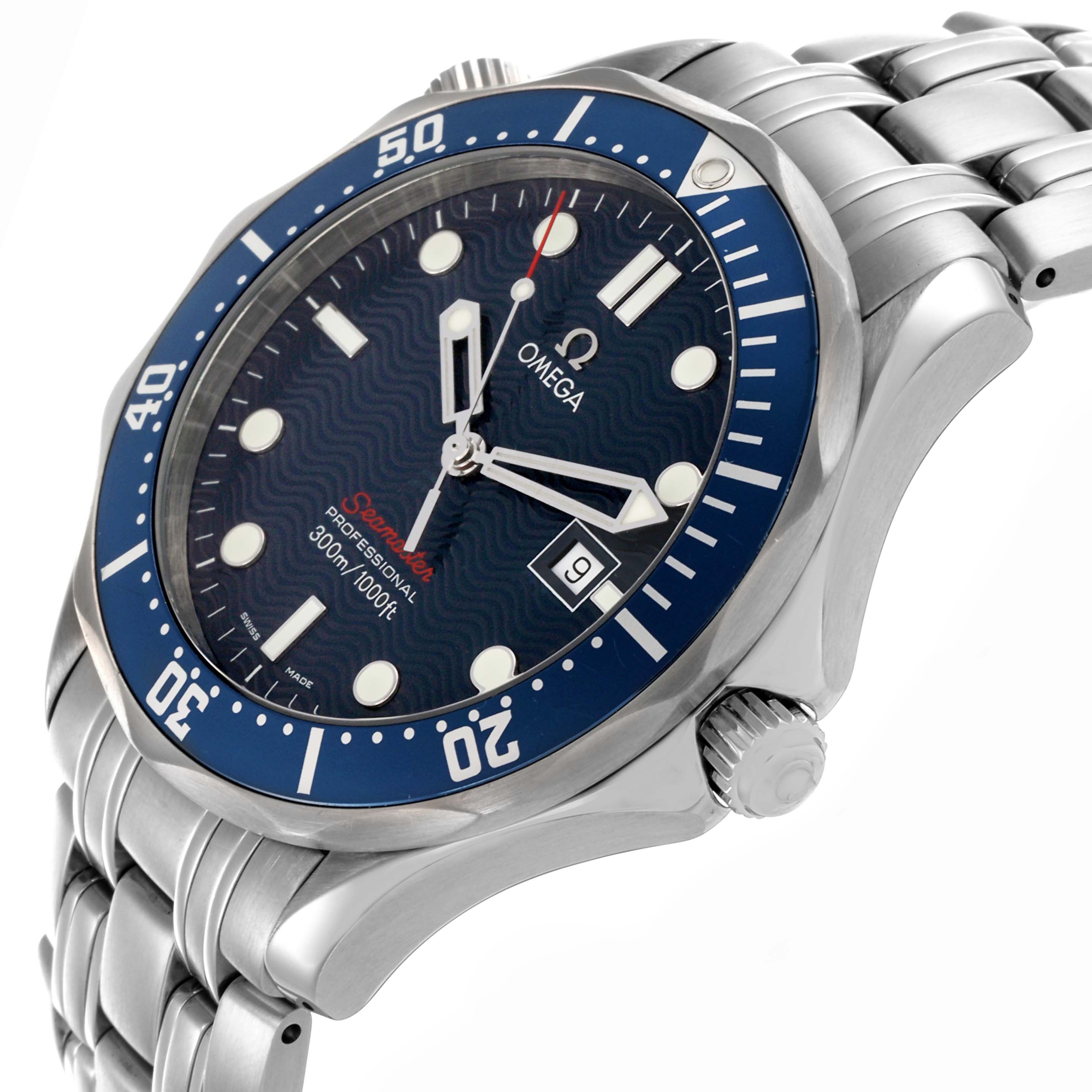 The Omega Seamaster 2221.80.00 Men
s Stainless Steel Blue Dial 2221.80.00 Men
s Stainless Steel Blue Dial watch is shown at an angled side view, highlighting the face, bezel, crown, and part of the bracelet.