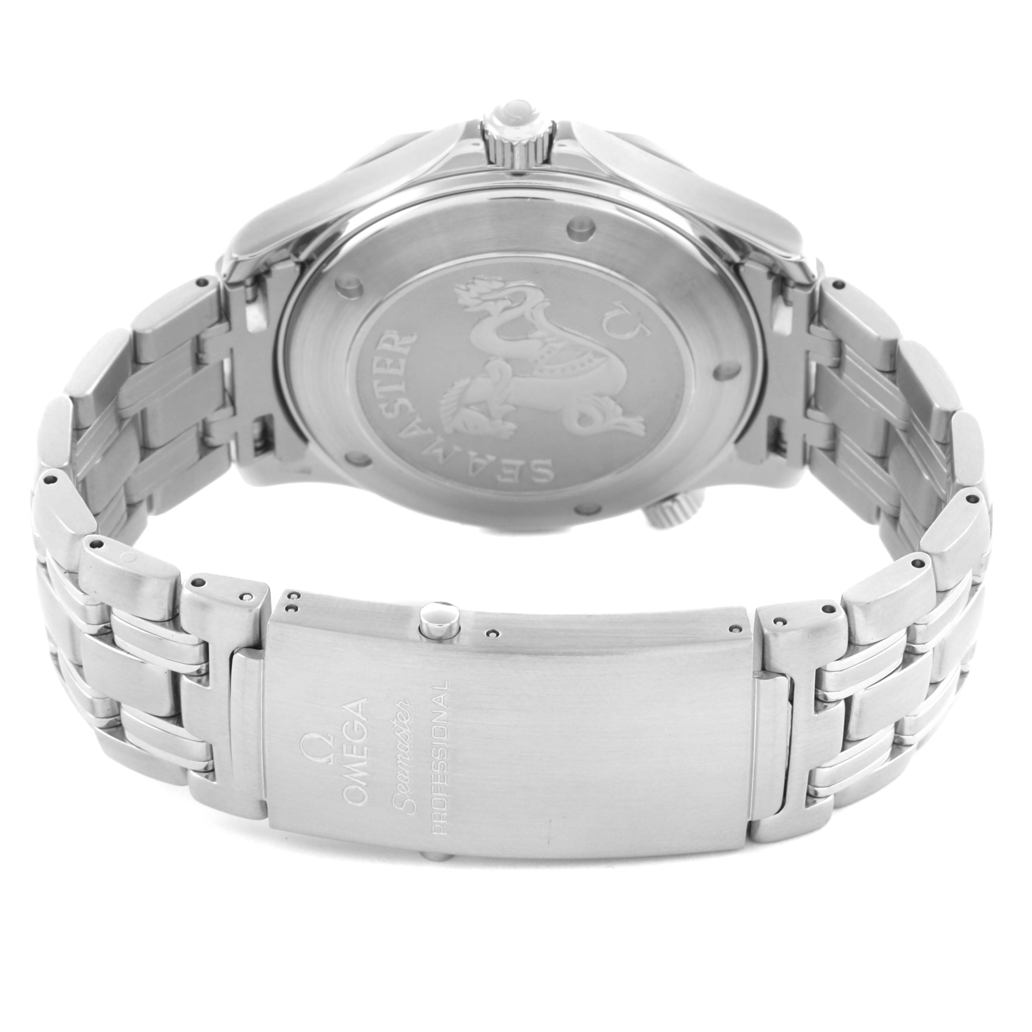 The Omega Seamaster 2221.80.00 Men
s Stainless Steel Blue Dial 2221.80.00 Men
s Stainless Steel Blue Dial watch is shown from the back, highlighting the case back and metal bracelet, including the clasp.