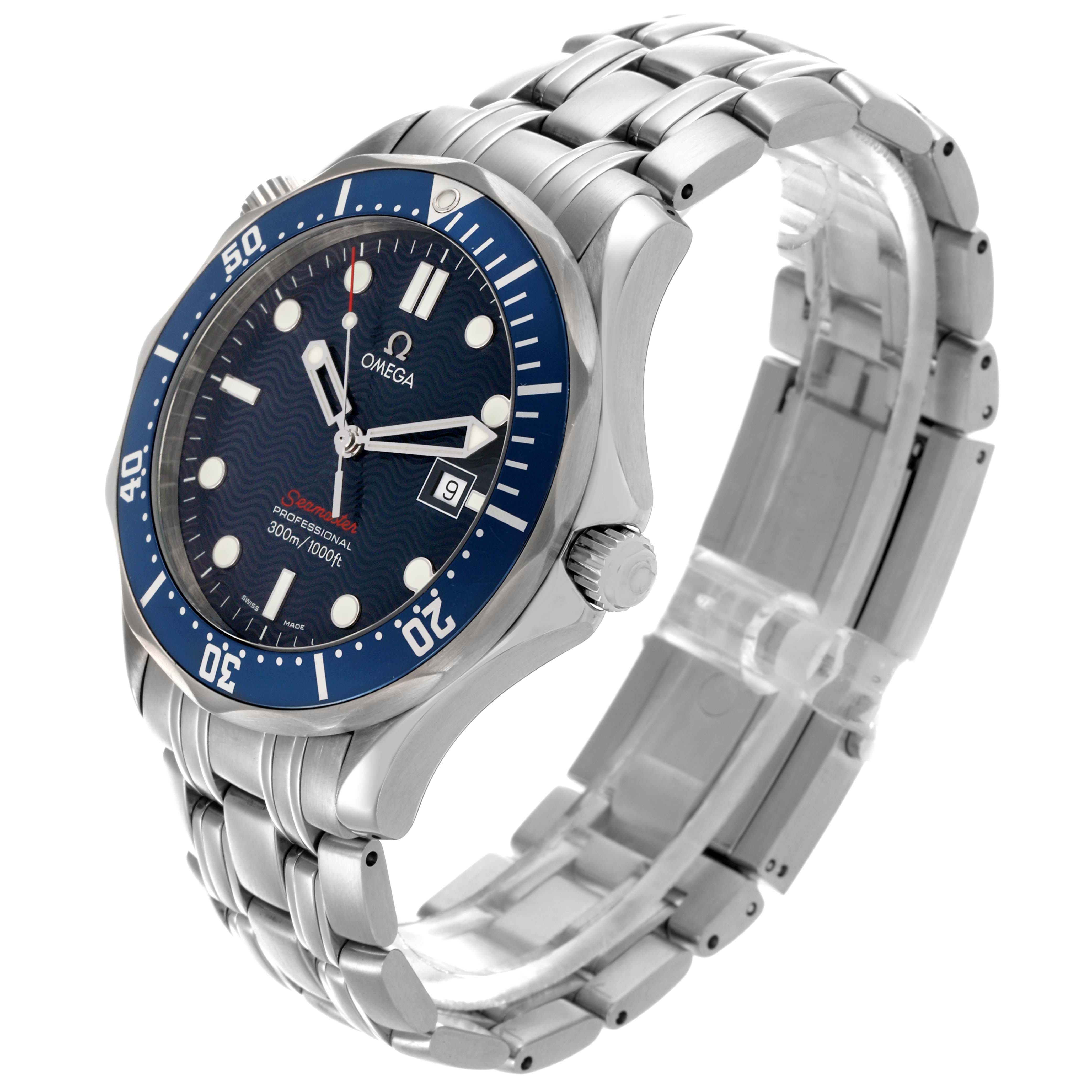 The Omega Seamaster 2221.80.00 Men
s Stainless Steel Blue Dial 2221.80.00 Men
s Stainless Steel Blue Dial watch is shown at a three-quarter angle, highlighting the face, bezel, crown, and bracelet.