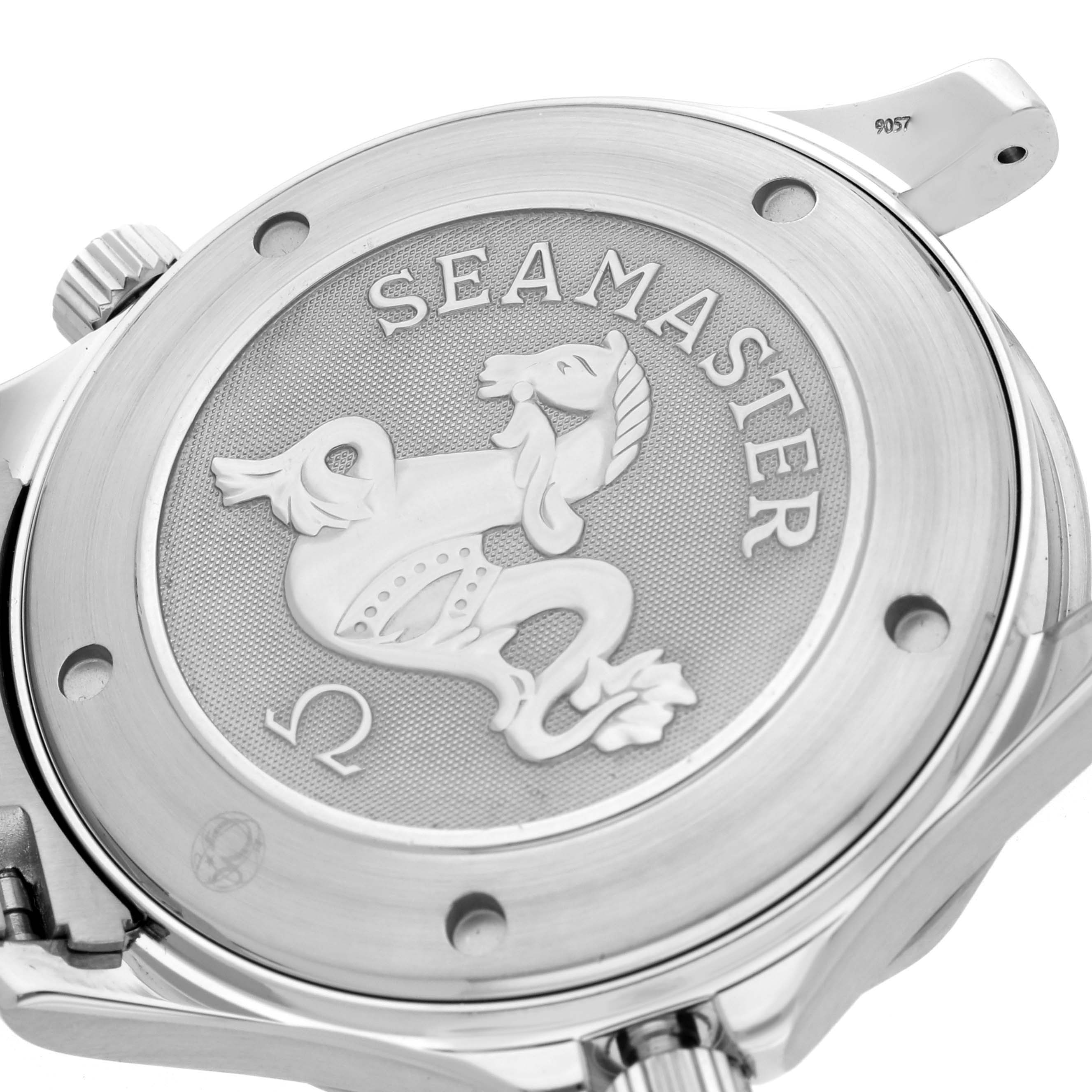 The image shows the case back of the Omega Seamaster 2221.80.00 Men
s Stainless Steel Blue Dial 2221.80.00 Men
s Stainless Steel Blue Dial watch, highlighting the embossed logo and engraving details.