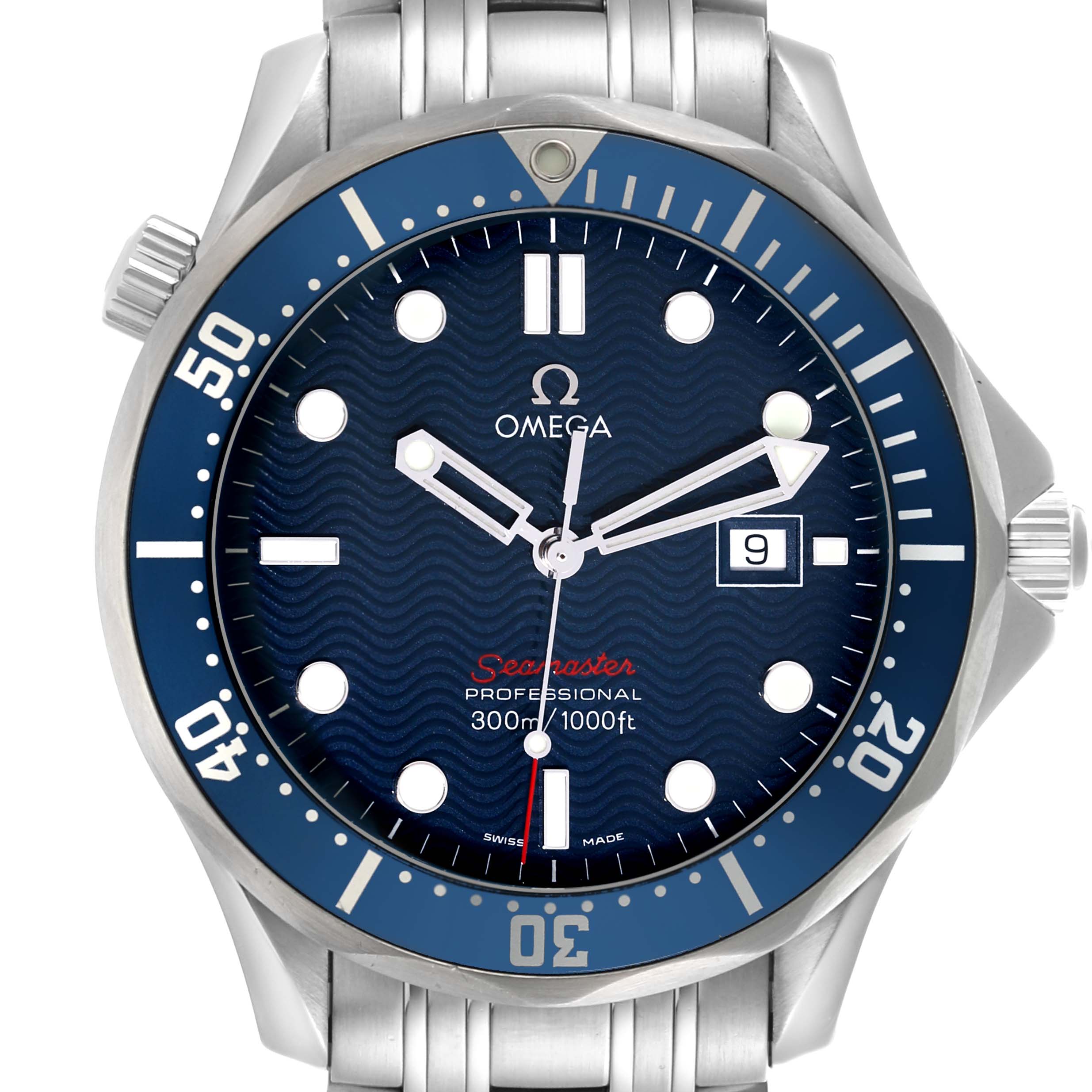 The watch face of the Omega Seamaster 2221.80.00 Men
s Stainless Steel Blue Dial 2221.80.00 Men
s Stainless Steel Blue Dial is shown from the front, displaying the dial, bezel, and part of the bracelet.
