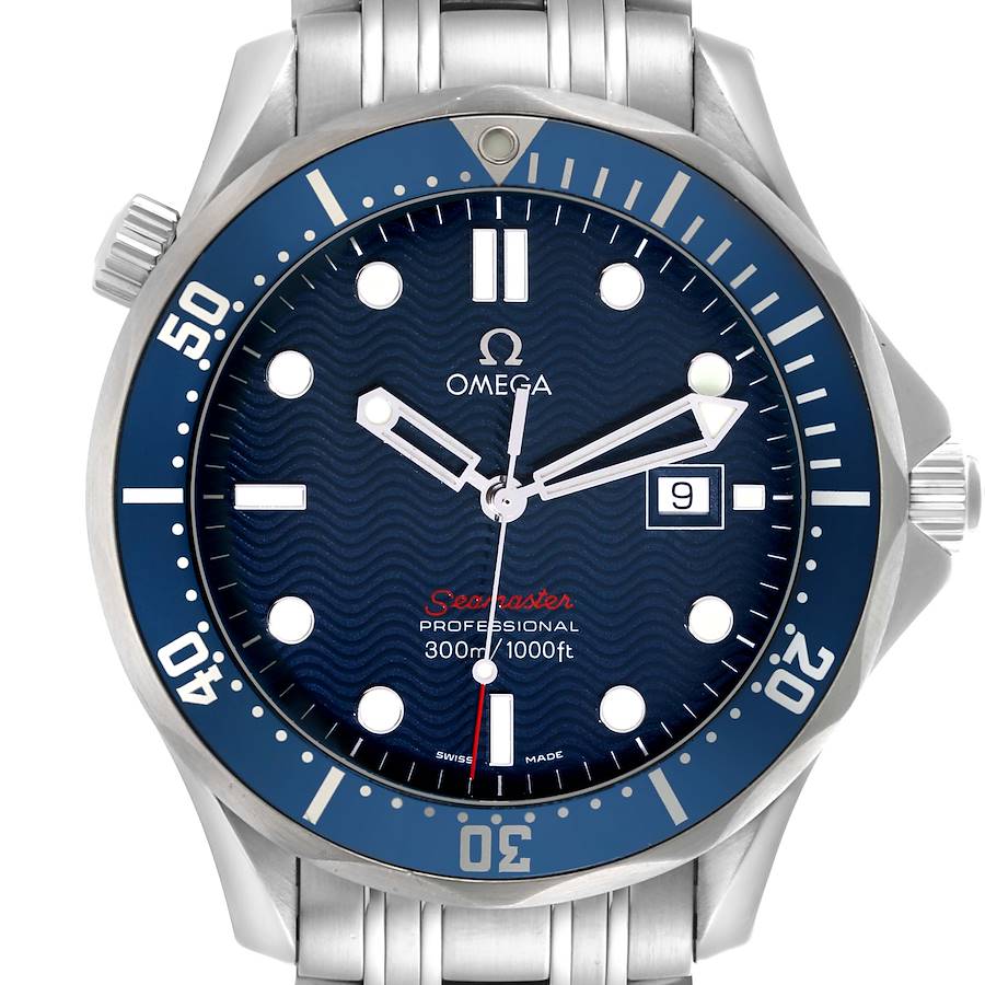 The watch face of the Omega Seamaster is shown from the front, displaying the dial, bezel, and part of the bracelet.
