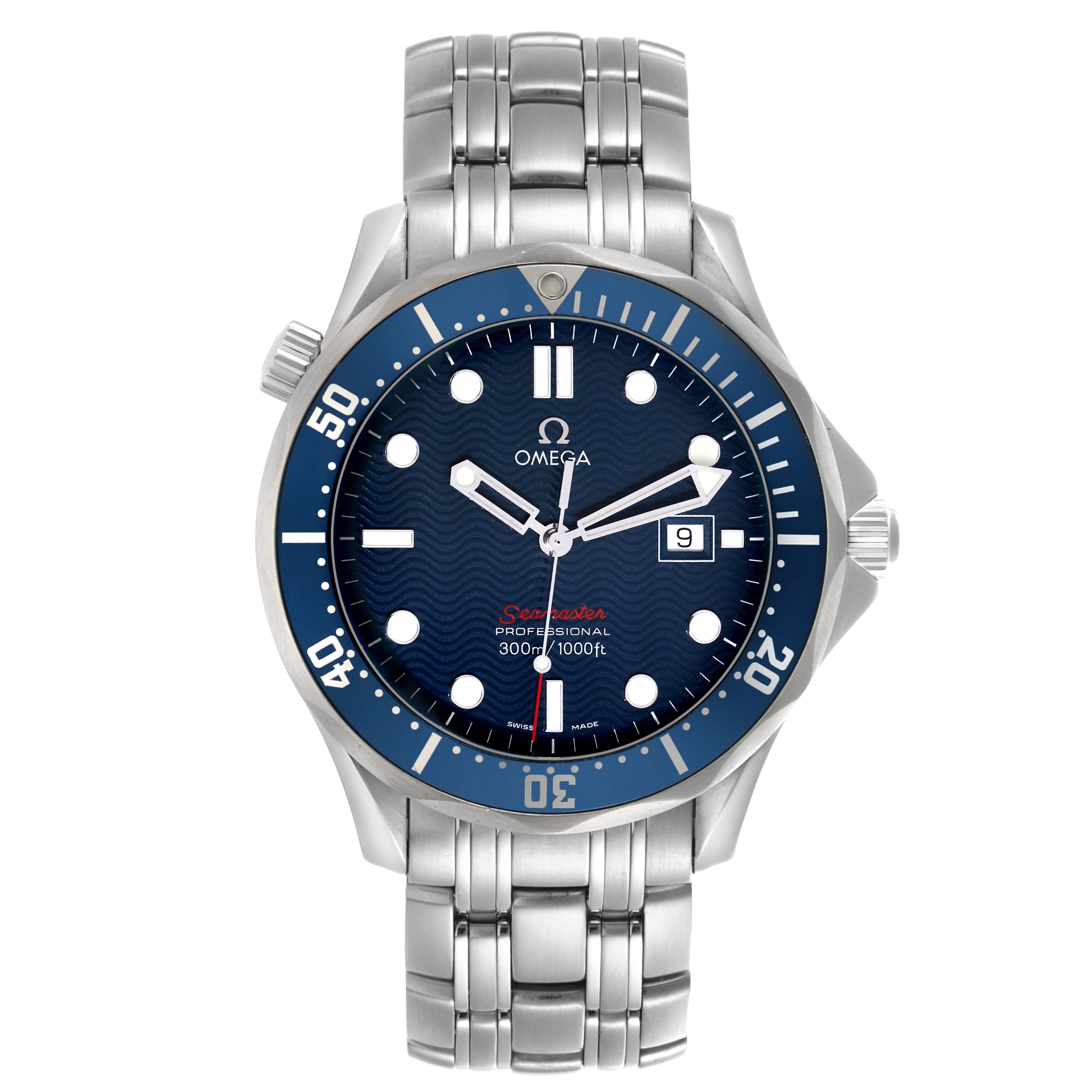 The Omega Seamaster 2221.80.00 Men
s Stainless Steel Blue Dial 2221.80.00 Men
s Stainless Steel Blue Dial watch is shown from the front, displaying the dial, bezel, and metal bracelet.