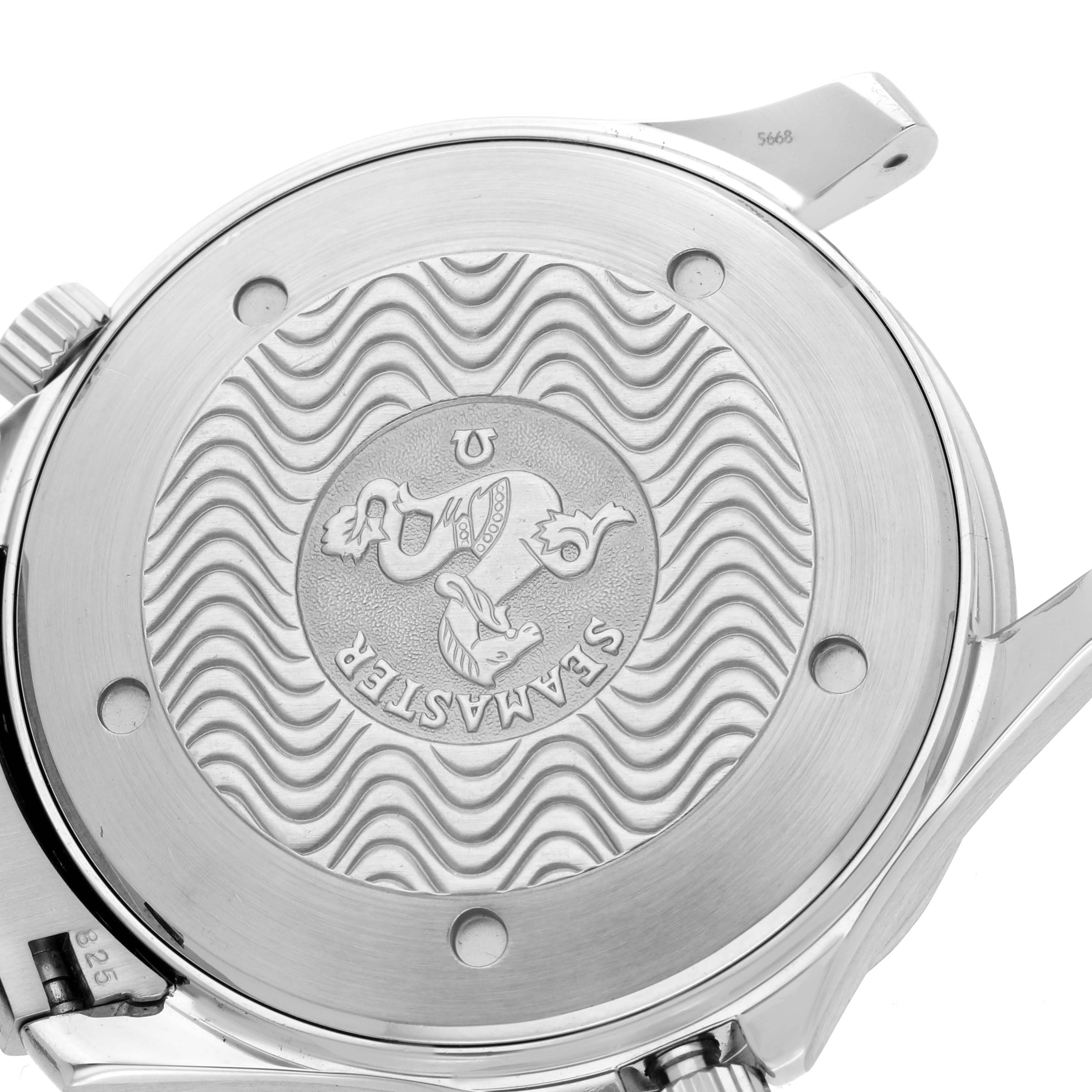 The image shows the case back of an Omega Seamaster 2541.80.00 Men
s Stainless Steel Blue Dial 2541.80.00 Men
s Stainless Steel Blue Dial watch with its embossed logo and wave pattern from a slightly angled view.