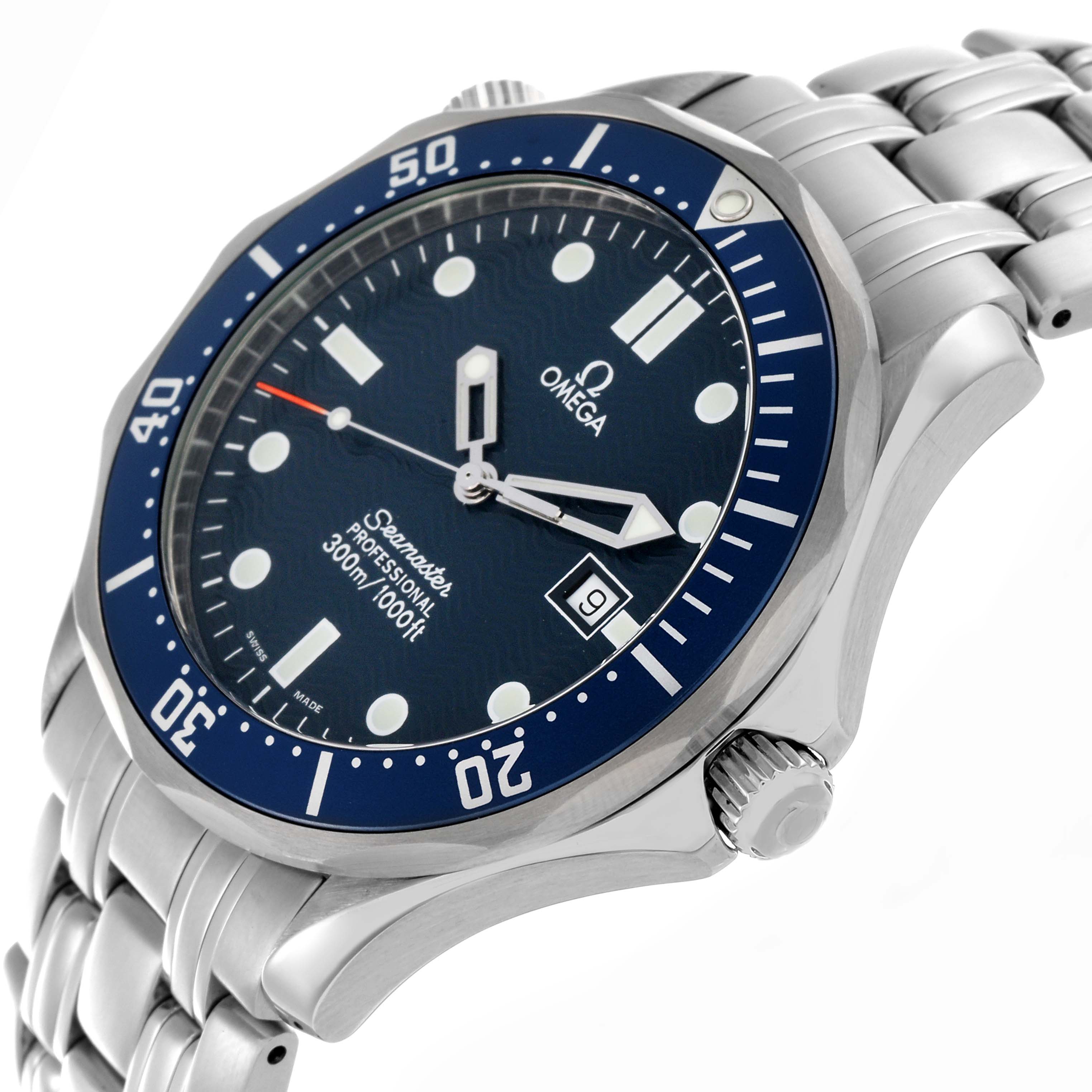 The Omega Seamaster 2541.80.00 Men
s Stainless Steel Blue Dial 2541.80.00 Men
s Stainless Steel Blue Dial watch is shown at an angled view, displaying the dial, bezel, crown, and part of the metal bracelet.