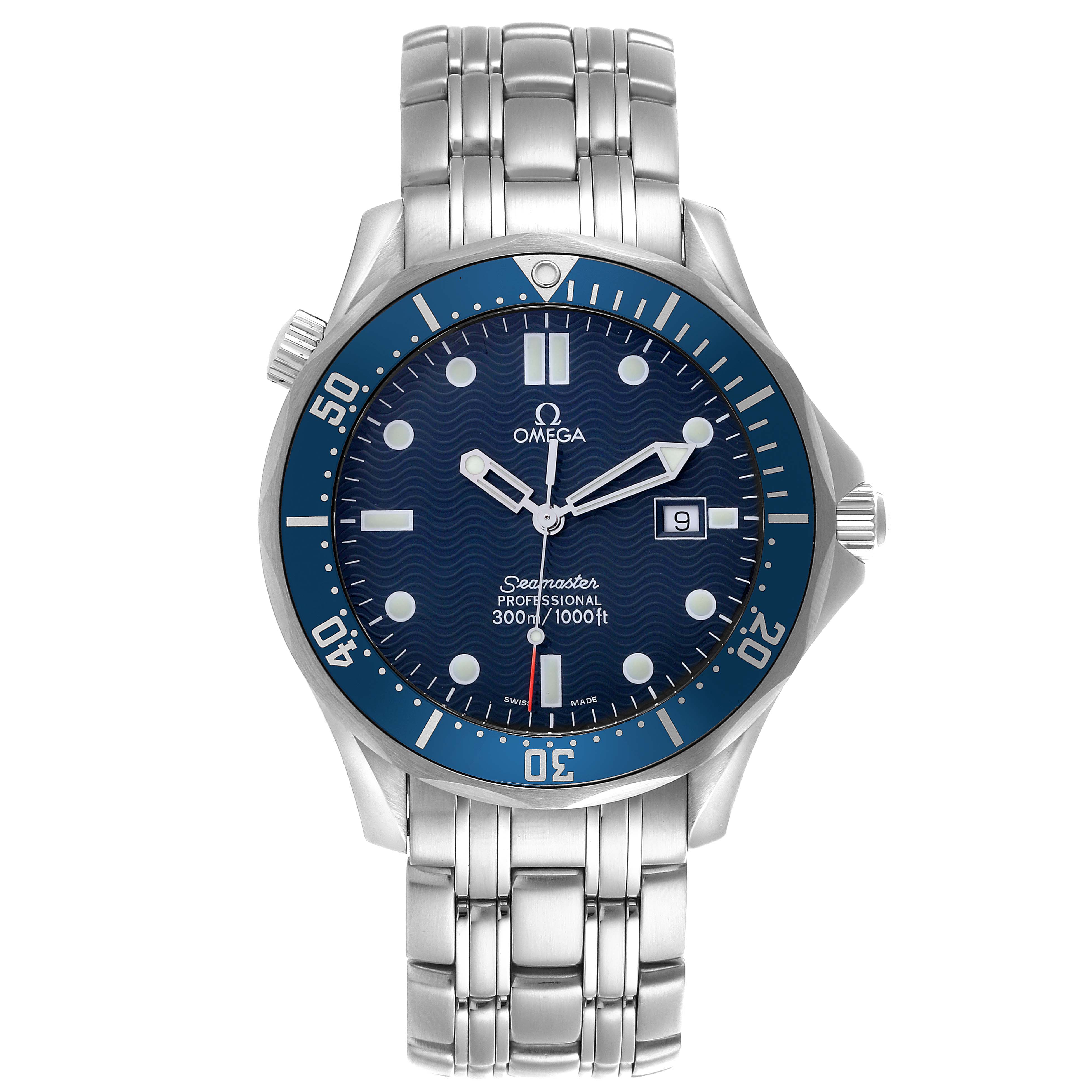 The Omega Seamaster 2541.80.00 Men
s Stainless Steel Blue Dial 2541.80.00 Men
s Stainless Steel Blue Dial watch is shown from a front angle, displaying the dial, bezel, bracelet, and crown.