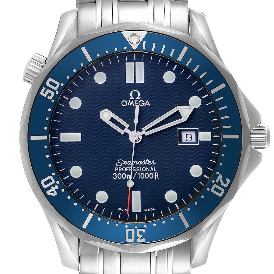 The Omega Seamaster watch is shown from the front, highlighting its dial, bezel, hands, and bracelet.