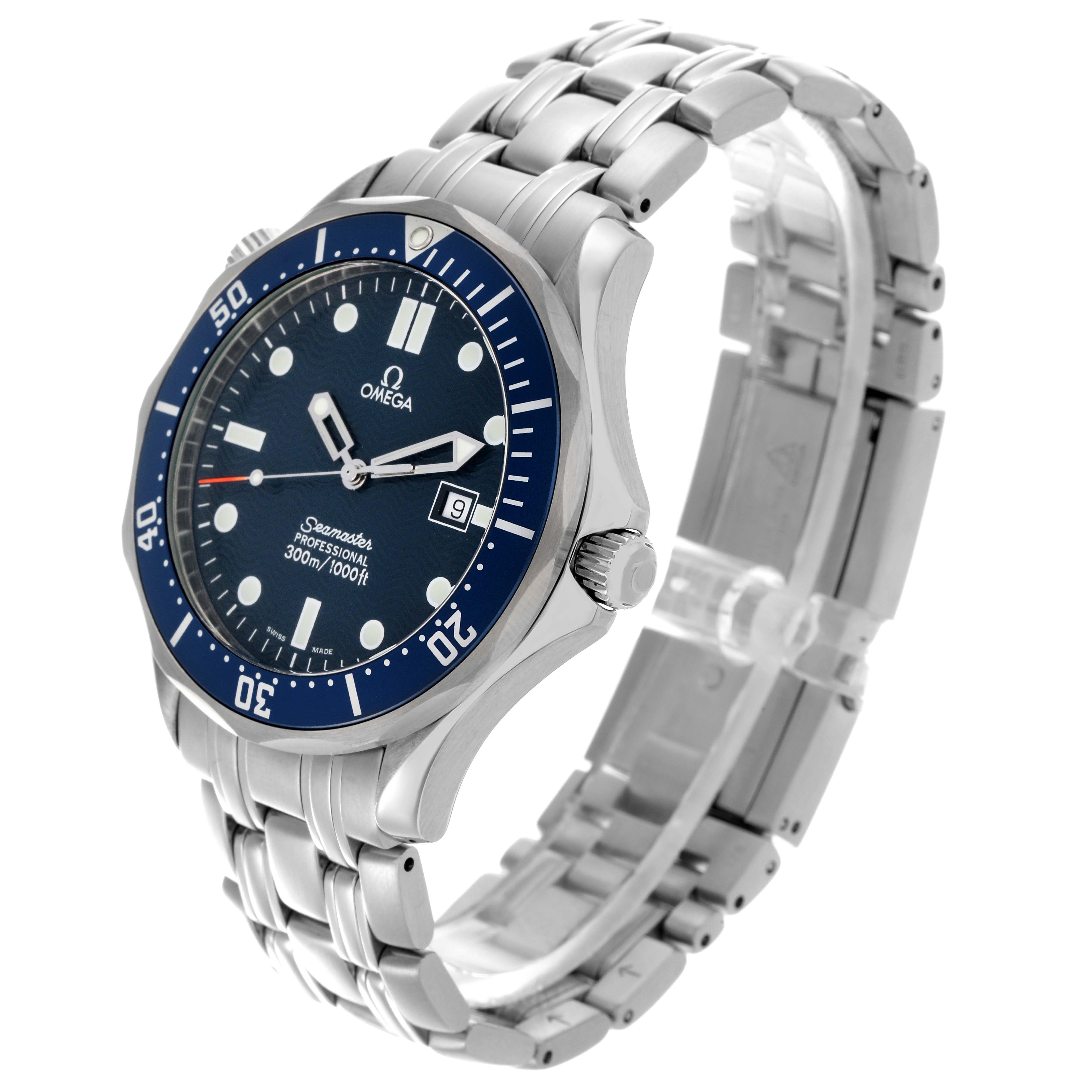 The Omega Seamaster 2541.80.00 Men
s Stainless Steel Blue Dial 2541.80.00 Men
s Stainless Steel Blue Dial watch is shown at a three-quarter angle, highlighting the face, bracelet, and crown.