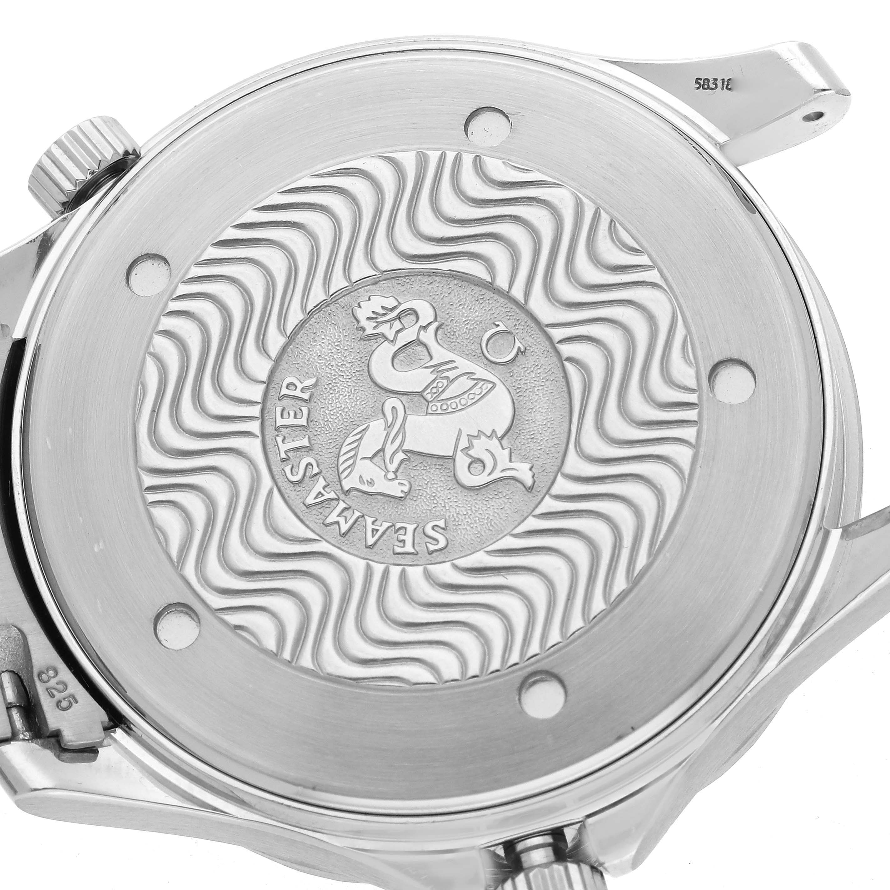 The image shows the case back of an Omega Seamaster 2541.80.00 Men's Stainless Steel Blue Dial 2541.80.00 Men's Stainless Steel Blue Dial watch, featuring the engraved logo and wavy pattern.