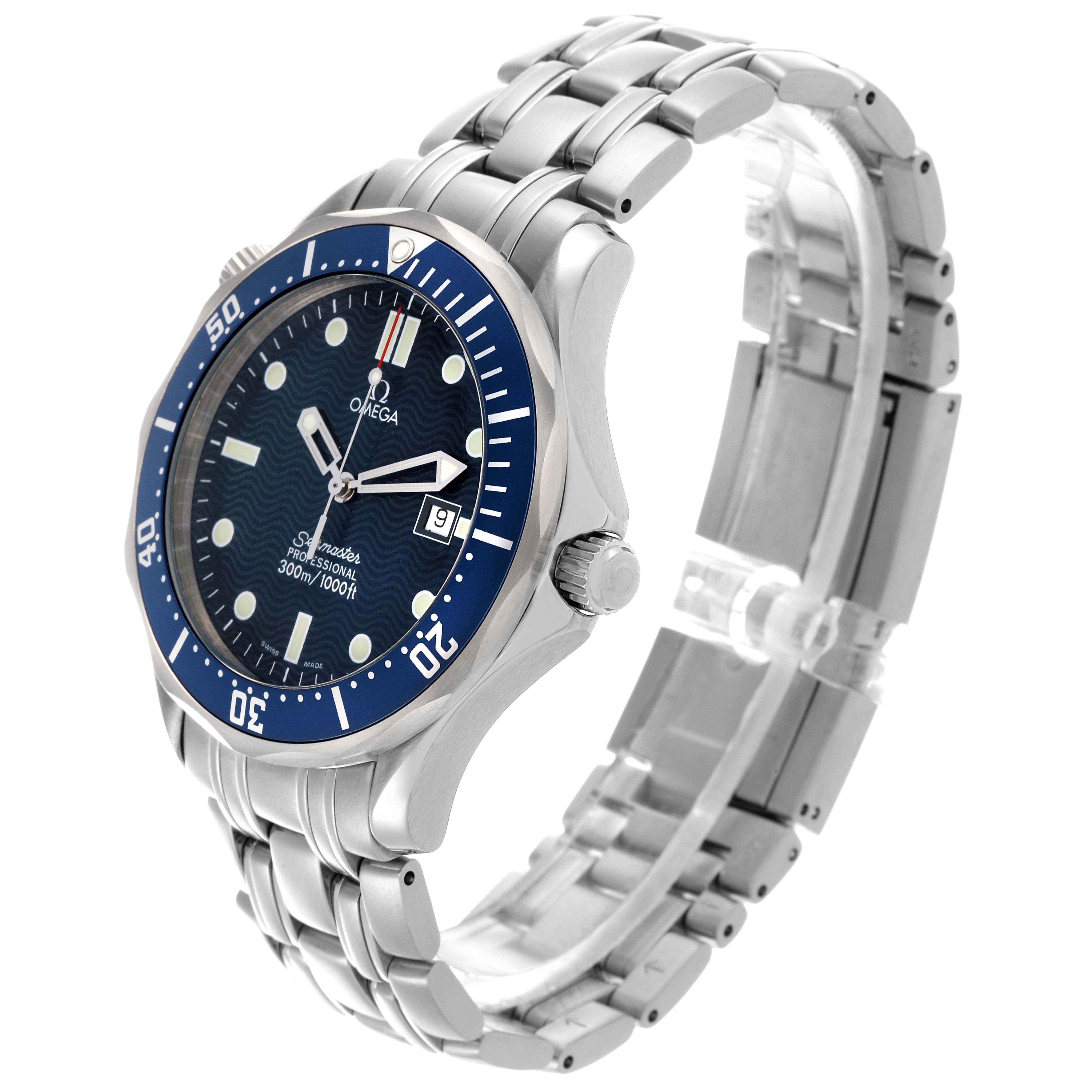 The Omega Seamaster 2541.80.00 Men's Stainless Steel Blue Dial 2541.80.00 Men's Stainless Steel Blue Dial watch is shown at a three-quarter angle, displaying the face, bezel, crown, and bracelet.