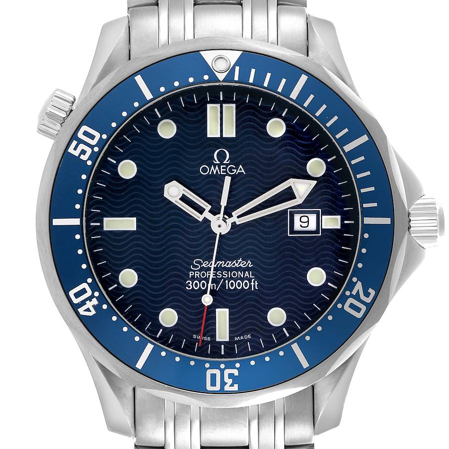 The Omega Seamaster watch is shown from the front, highlighting its dial, bezel, and bracelet.