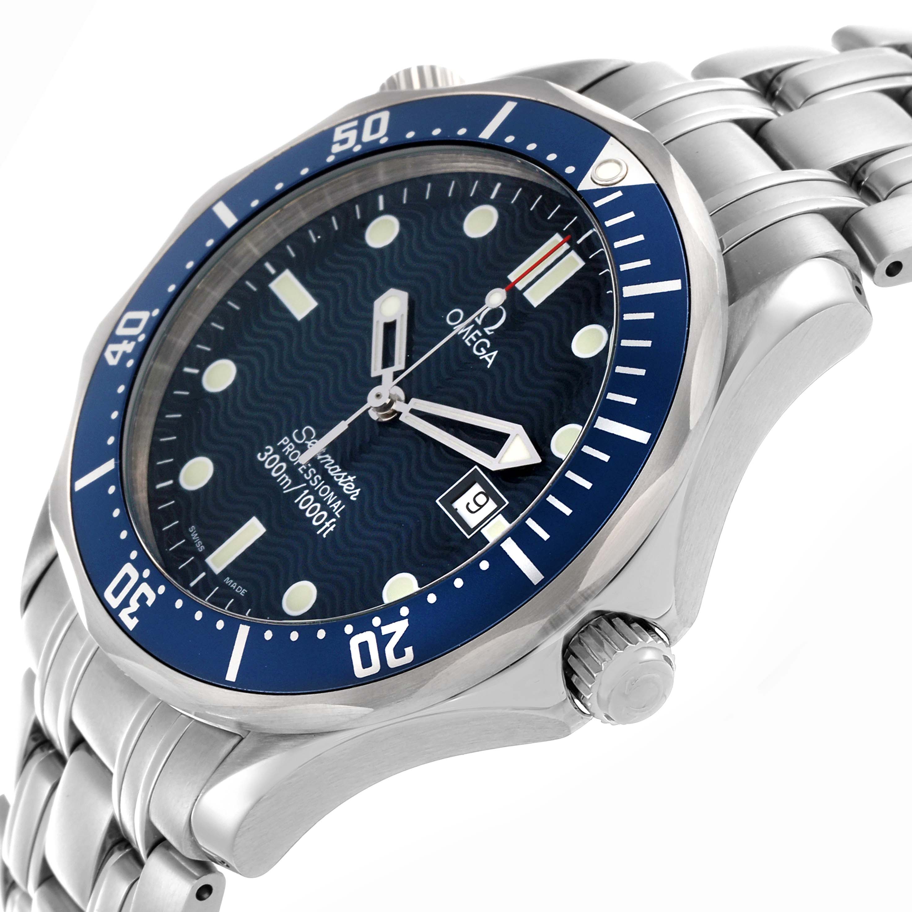 The image shows a side angle view of the Omega Seamaster 2541.80.00 Men's Stainless Steel Blue Dial 2541.80.00 Men's Stainless Steel Blue Dial, highlighting the bezel, dial, crown, and bracelet.