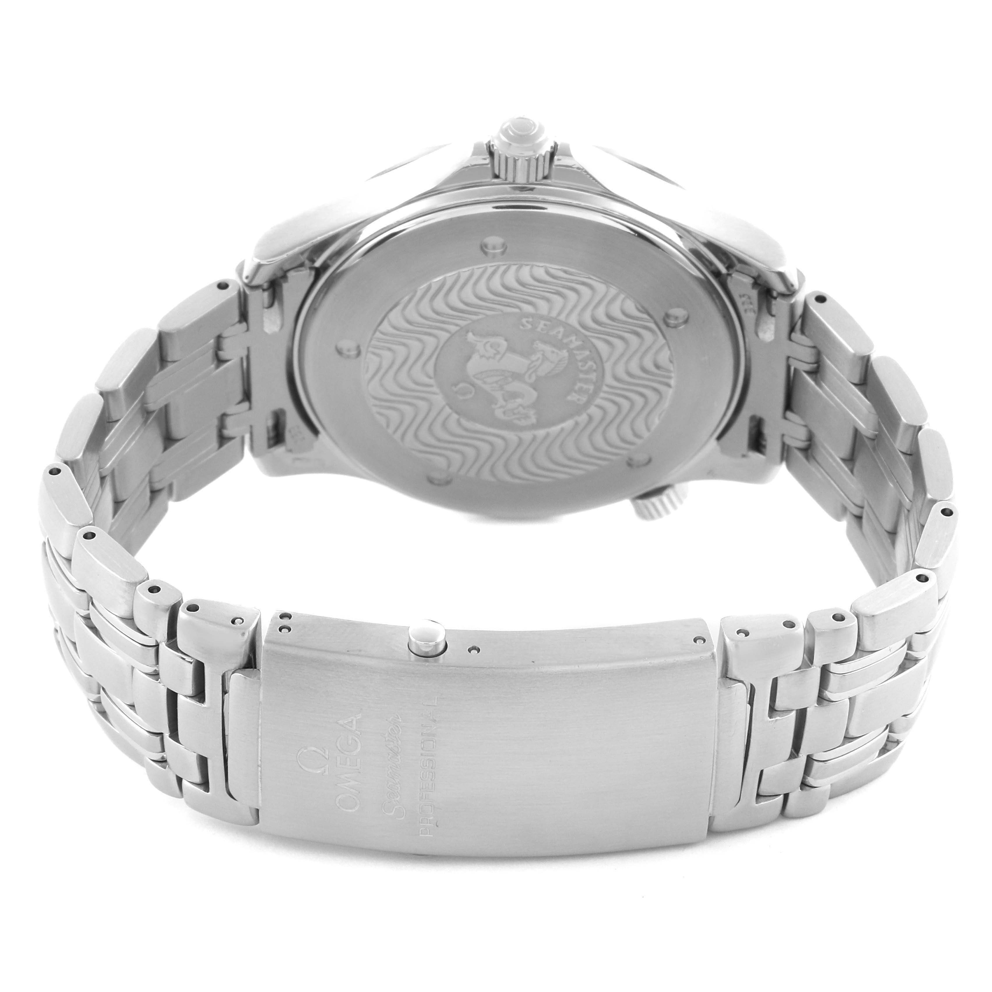 The image shows the back and bracelet of the Omega Seamaster 2541.80.00 Men's Stainless Steel Blue Dial 2541.80.00 Men's Stainless Steel Blue Dial, highlighting the case back and clasp from a rear angle.