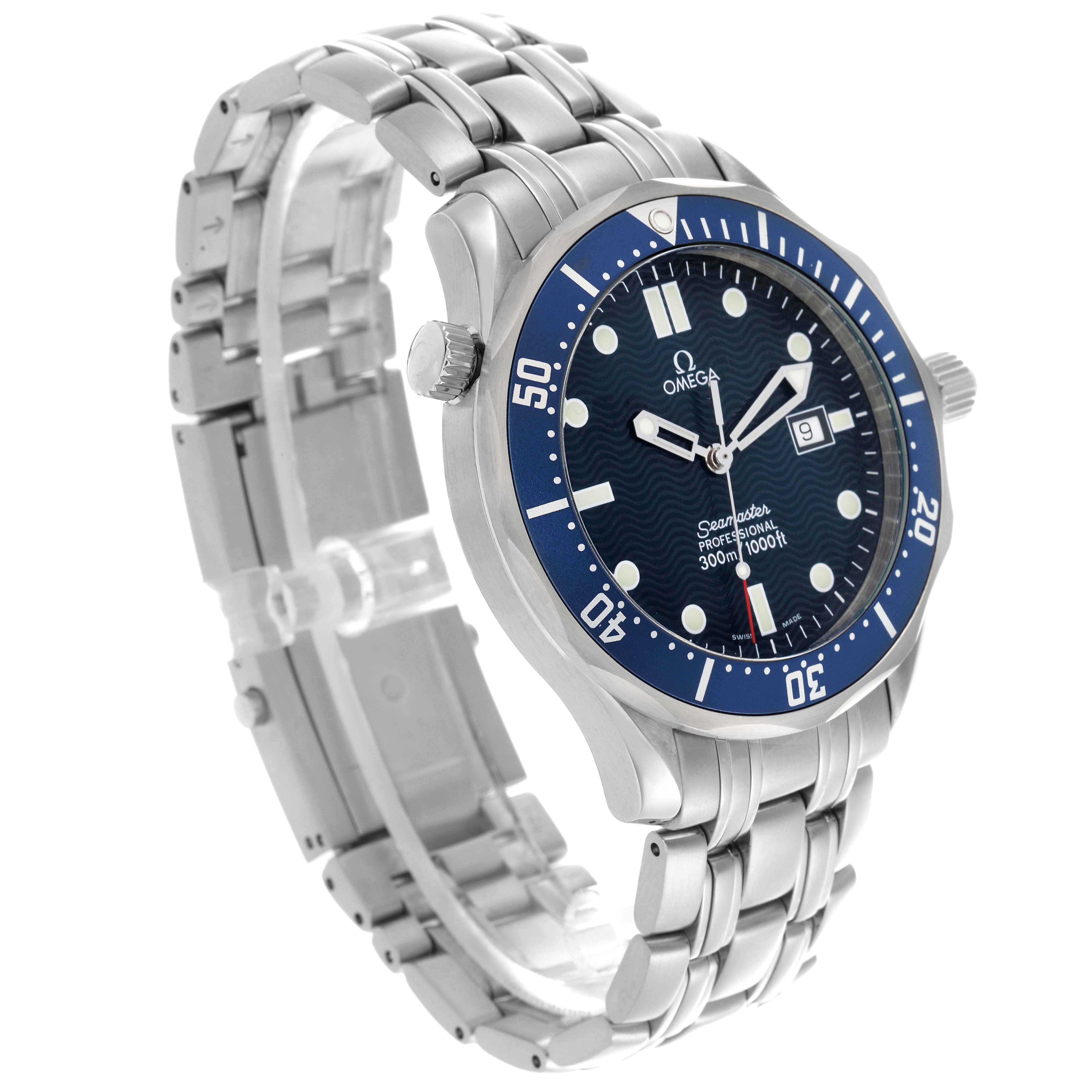 The Omega Seamaster 2541.80.00 Men's Stainless Steel Blue Dial 2541.80.00 Men's Stainless Steel Blue Dial watch is shown at a three-quarter angle, displaying the face, bezel, and stainless steel bracelet.