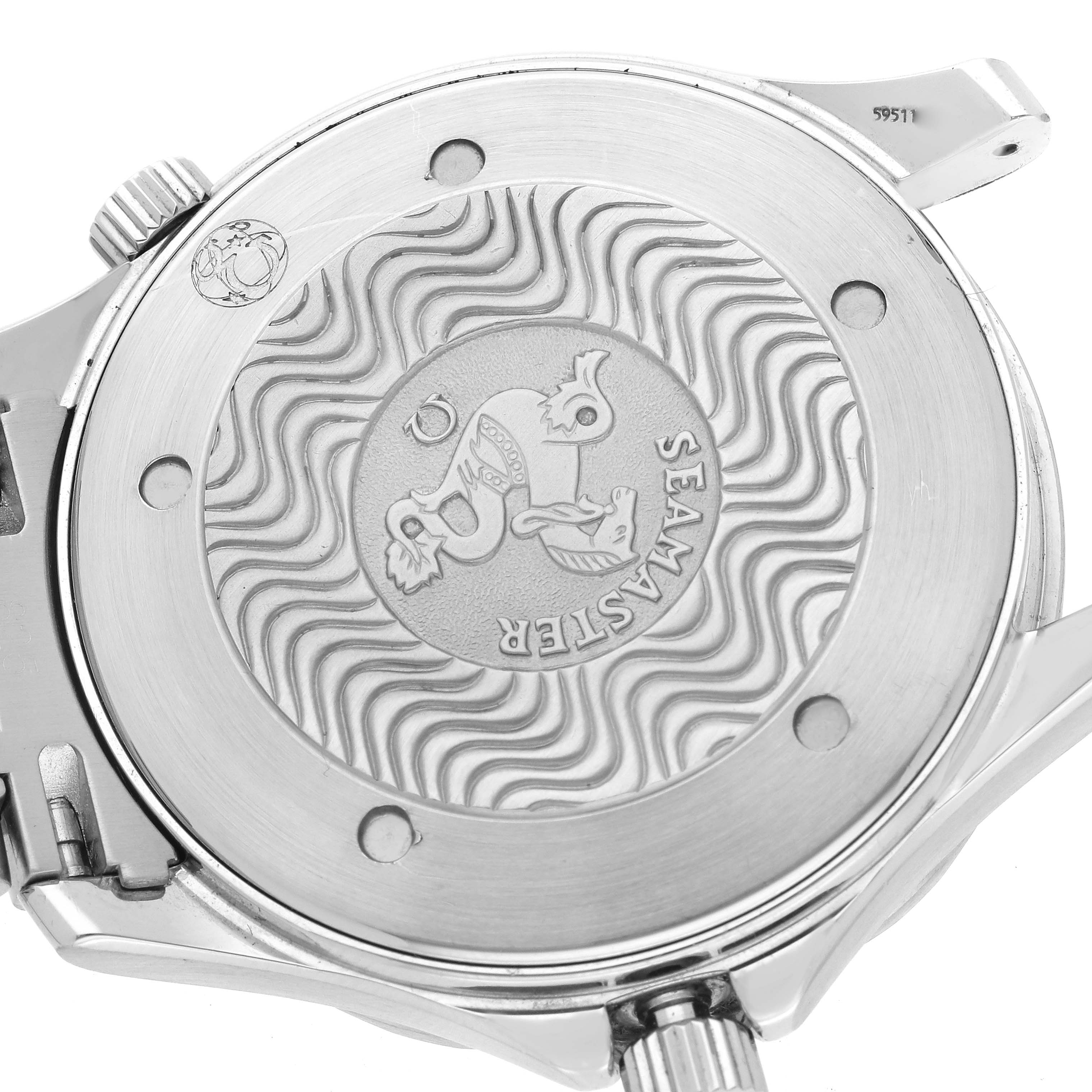 The image shows the back case of an Omega Seamaster 2541.80.00 Men
s Stainless Steel Blue Dial 2541.80.00 Men
s Stainless Steel Blue Dial watch, featuring the embossed Seamaster design and wave pattern.