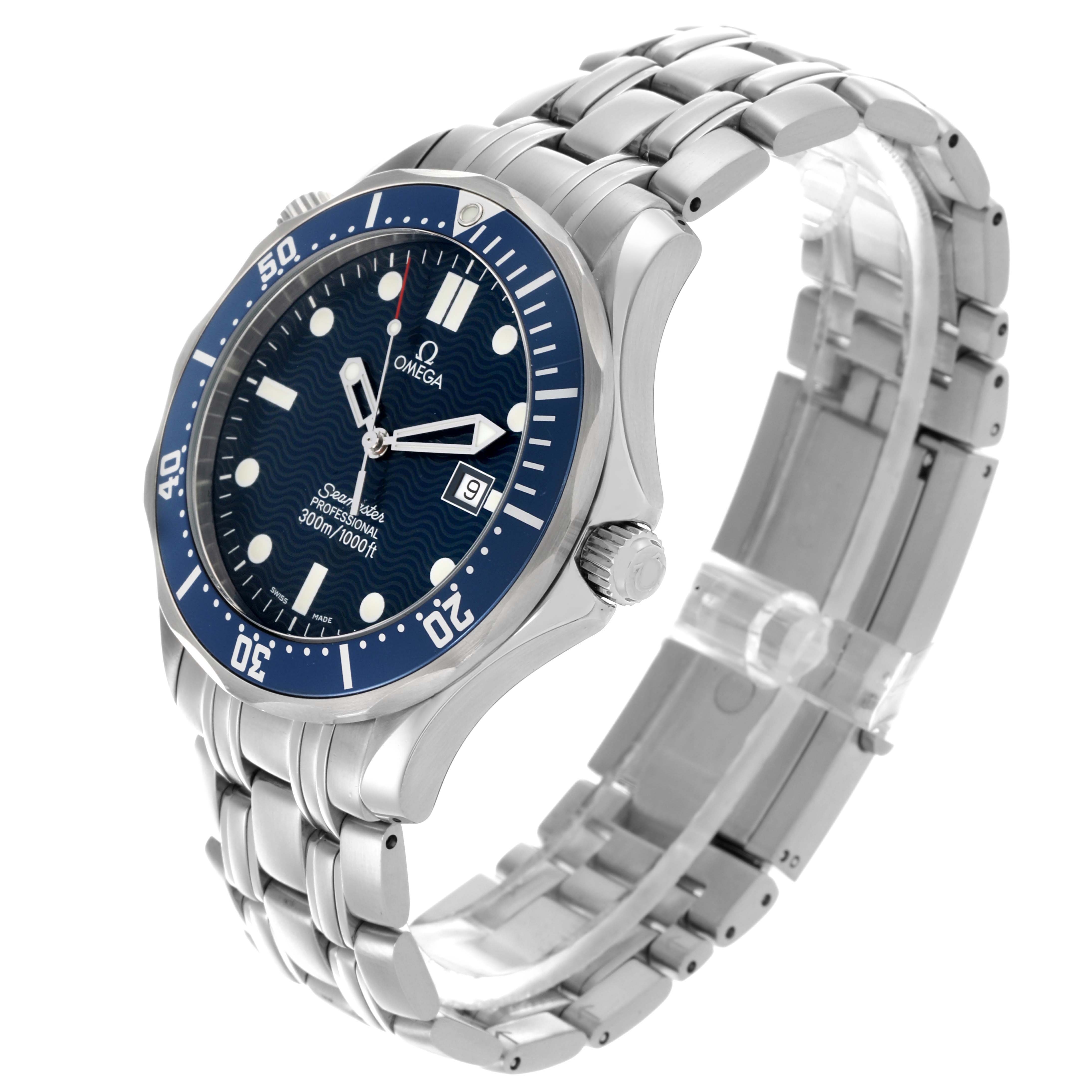 The Omega Seamaster 2541.80.00 Men
s Stainless Steel Blue Dial 2541.80.00 Men
s Stainless Steel Blue Dial watch is shown at an angled side view, highlighting the bezel, bracelet, and case.