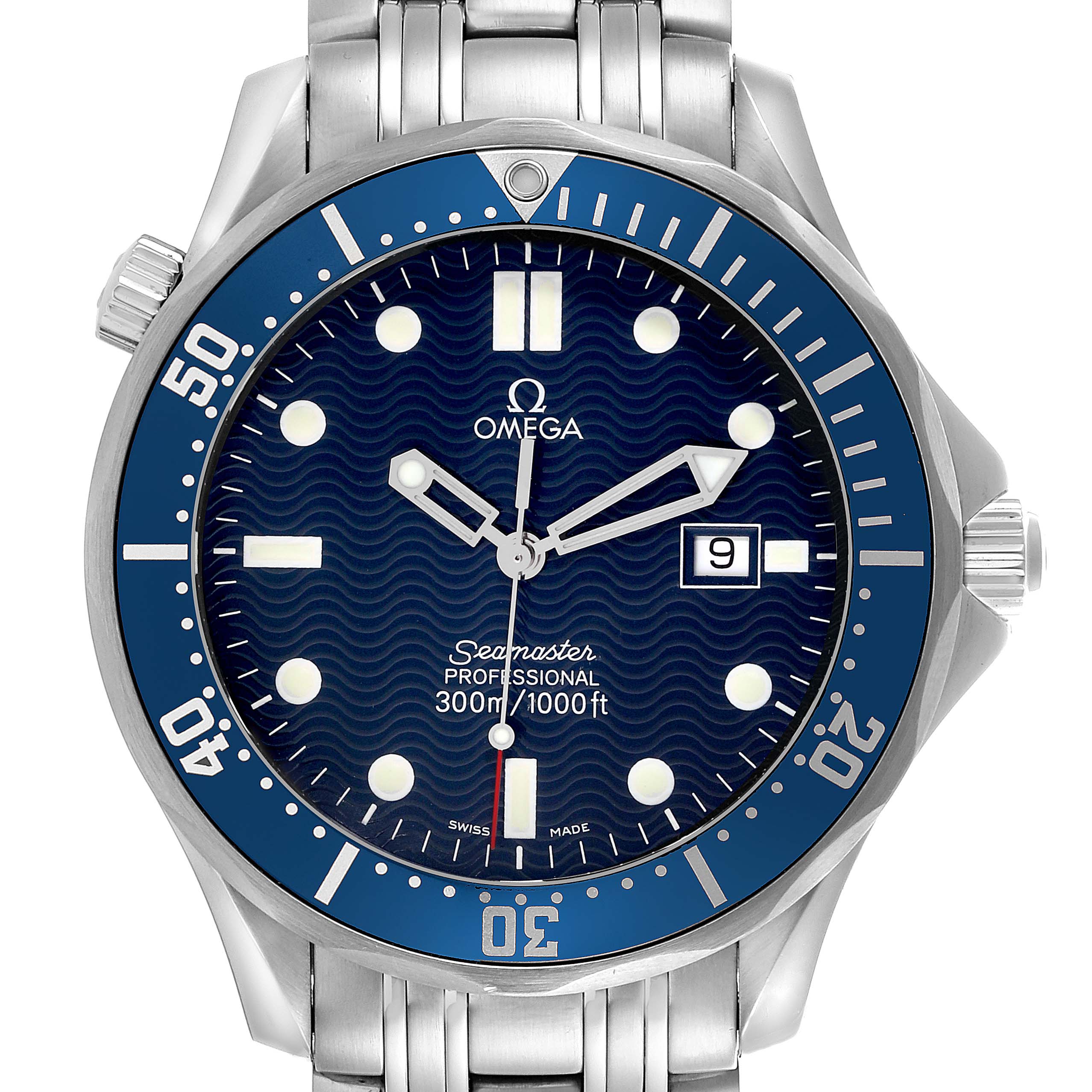 The watch, Omega Seamaster 2541.80.00 Men
s Stainless Steel Blue Dial 2541.80.00 Men
s Stainless Steel Blue Dial, is shown from the front, displaying the dial, bezel, and part of the bracelet.