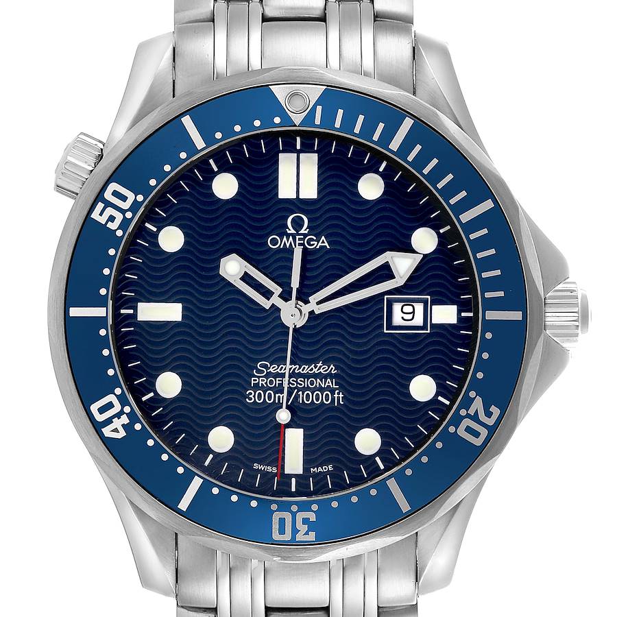 The watch, Omega Seamaster, is shown from the front, displaying the dial, bezel, and part of the bracelet.