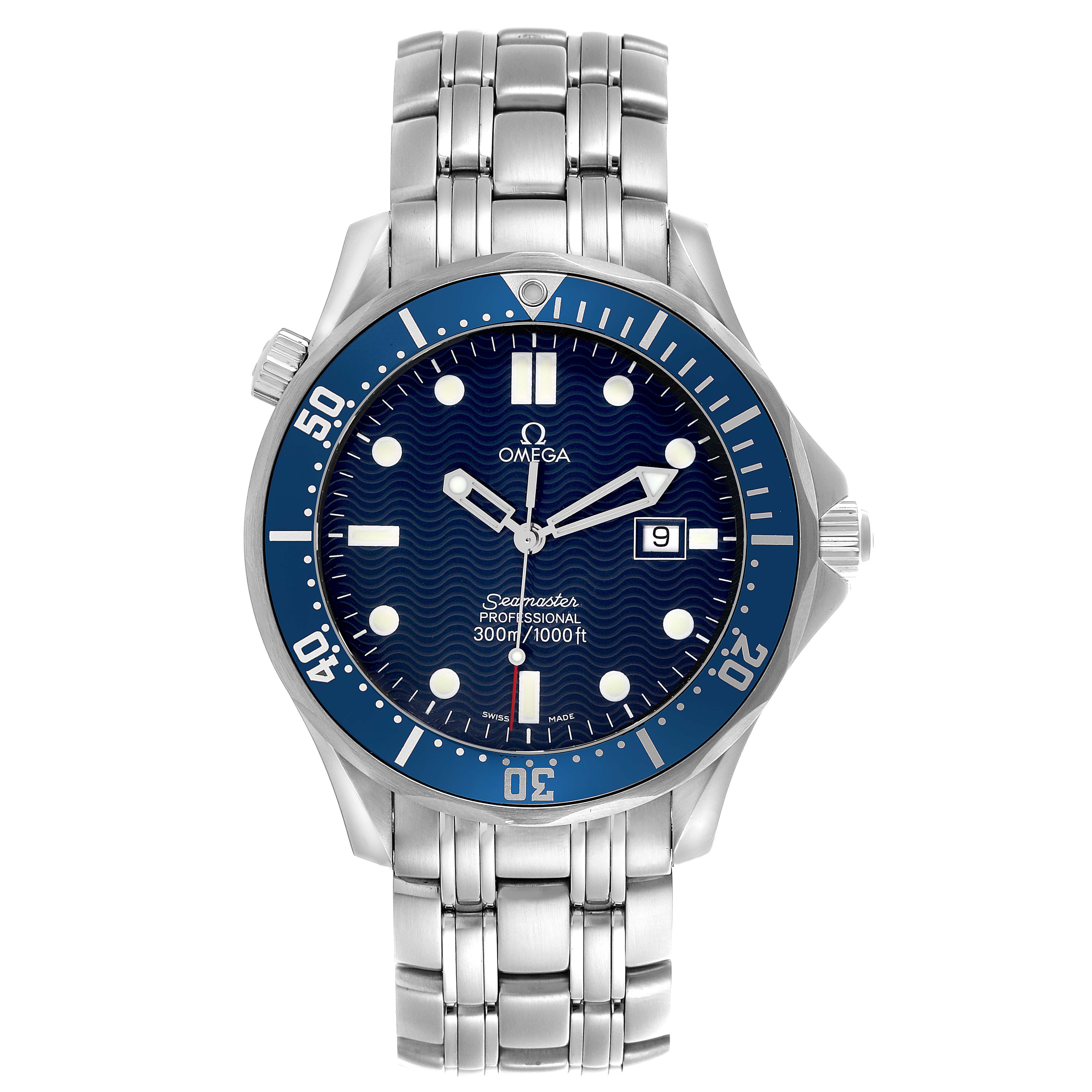 The Omega Seamaster 2541.80.00 Men
s Stainless Steel Blue Dial 2541.80.00 Men
s Stainless Steel Blue Dial watch is shown from a front angle, displaying its dial, hands, bezel, and metal bracelet.