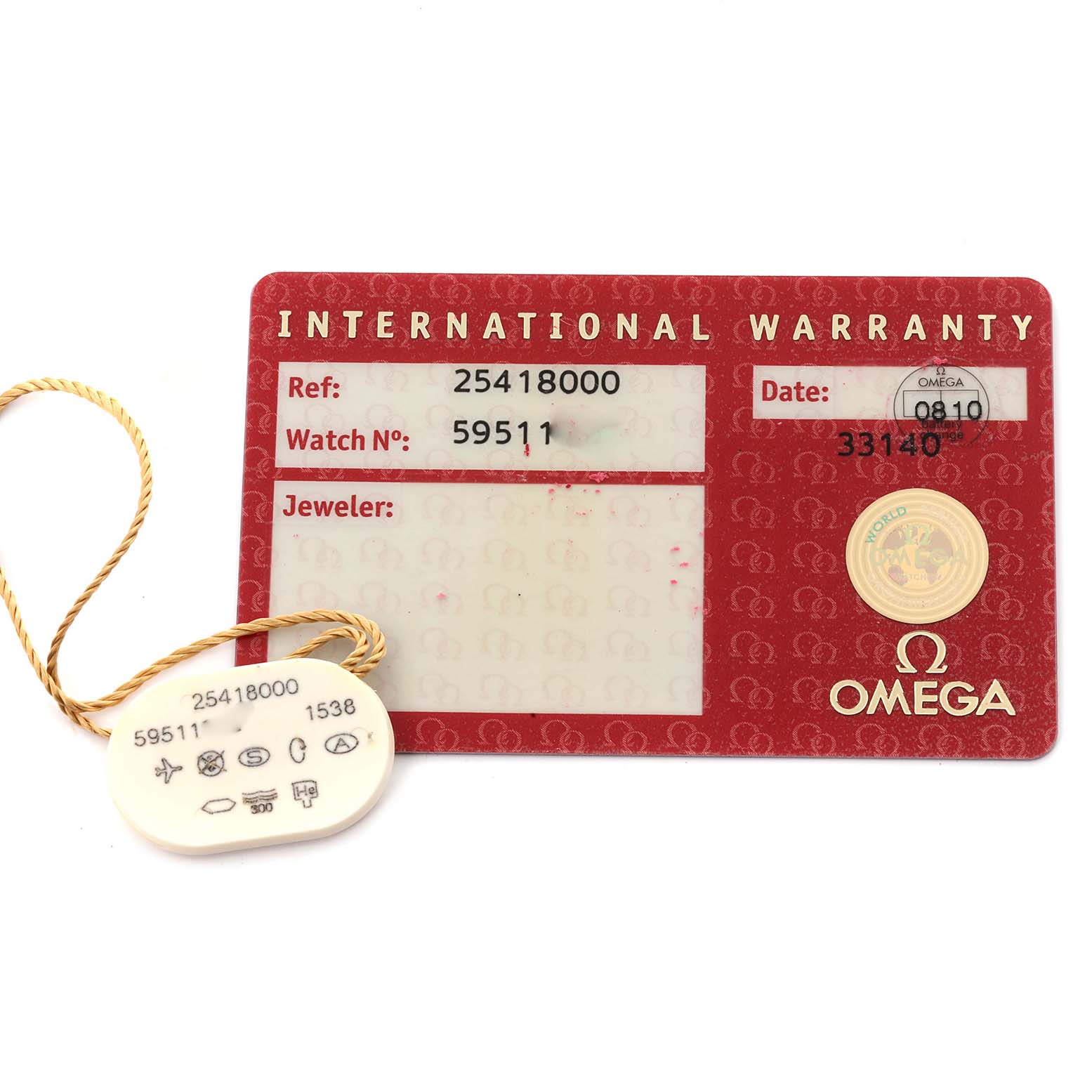 The image shows the international warranty card and tag for the Omega Seamaster 2541.80.00 Men
s Stainless Steel Blue Dial 2541.80.00 Men
s Stainless Steel Blue Dial watch model.