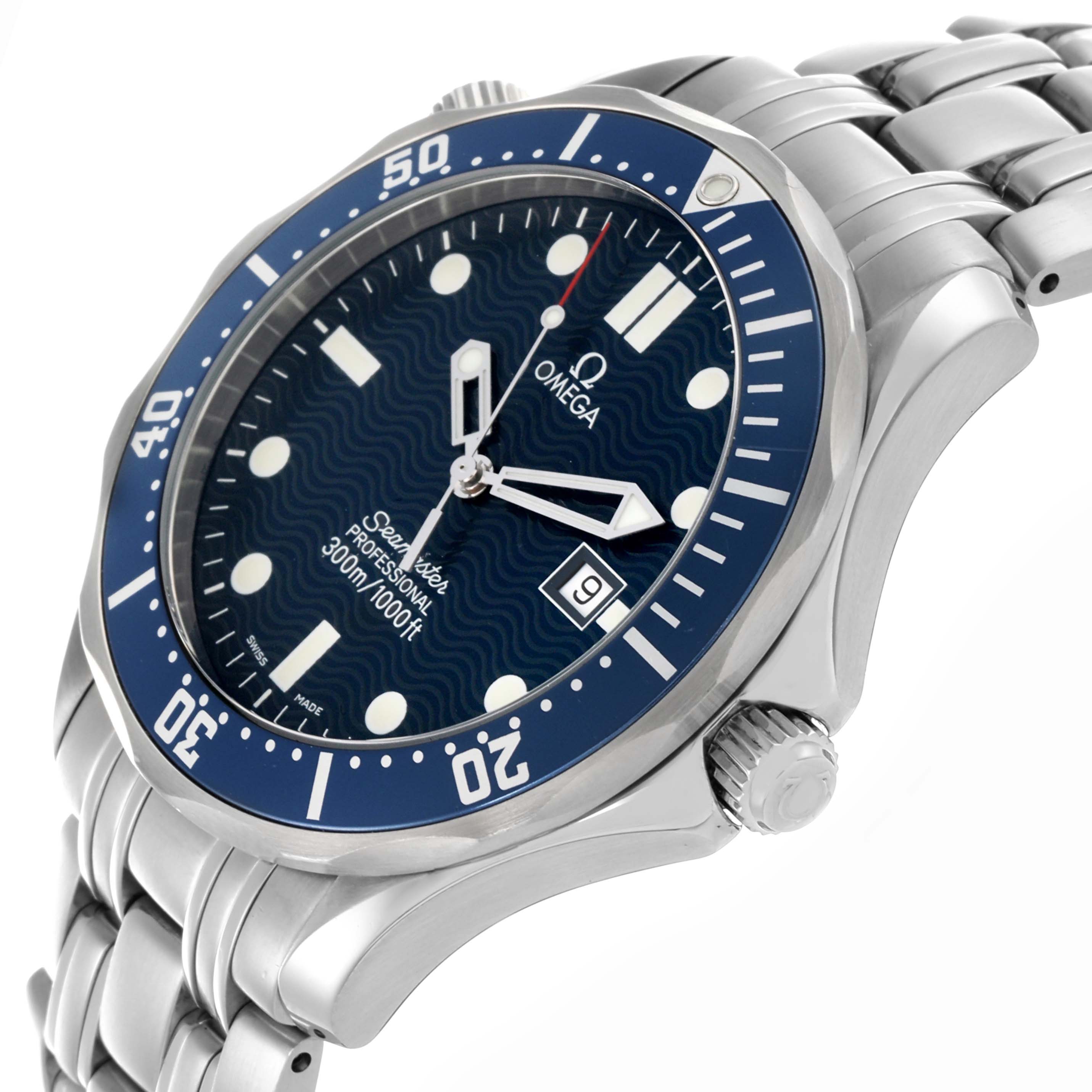 The Omega Seamaster 2541.80.00 Men
s Stainless Steel Blue Dial 2541.80.00 Men
s Stainless Steel Blue Dial watch is shown at a slight angle, highlighting the bezel, wave-patterned dial, crown, and metal bracelet.