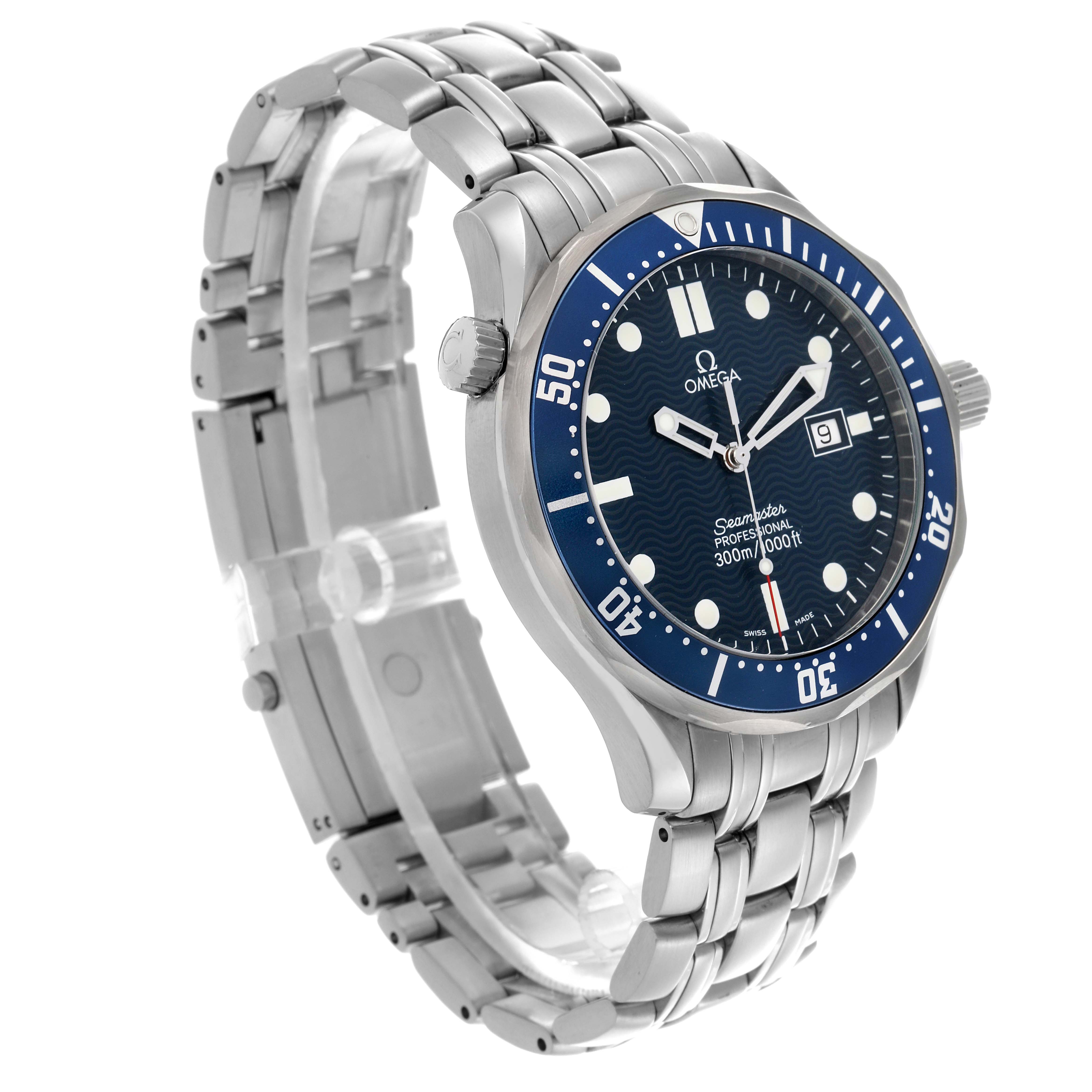 The Omega Seamaster 2541.80.00 Men
s Stainless Steel Blue Dial 2541.80.00 Men
s Stainless Steel Blue Dial watch is shown at a three-quarter angle, featuring the dial, bezel, case, and bracelet.