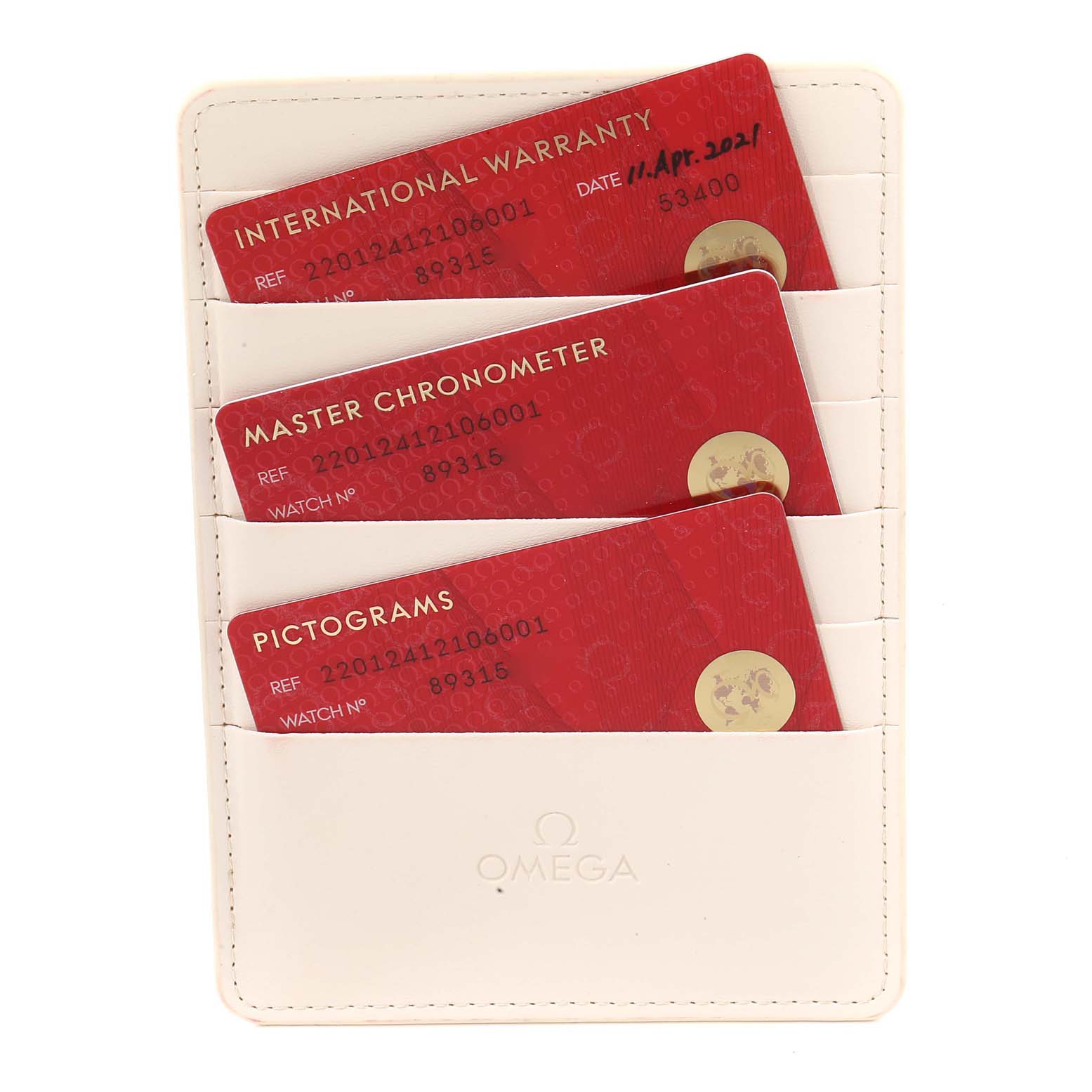 The image shows warranty cards for the Omega Aqua Terra 220.12.41.21.06.001 Men
s Stainless Steel Grey Dial 220.12.41.21.06.001 Men
s Stainless Steel Grey Dial model, neatly placed in a branded white cardholder from a top-down angle.