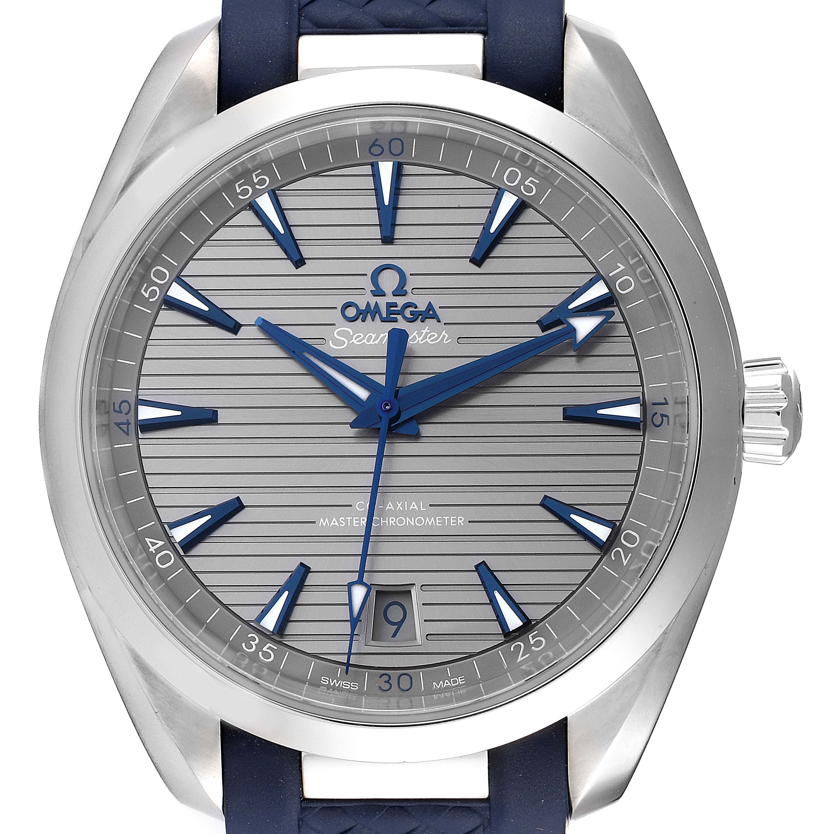 The image shows a front view of the Omega Aqua Terra 220.12.41.21.06.001 Men
s Stainless Steel Grey Dial 220.12.41.21.06.001 Men
s Stainless Steel Grey Dial watch, highlighting the face, bezel, crown, and part of the strap.