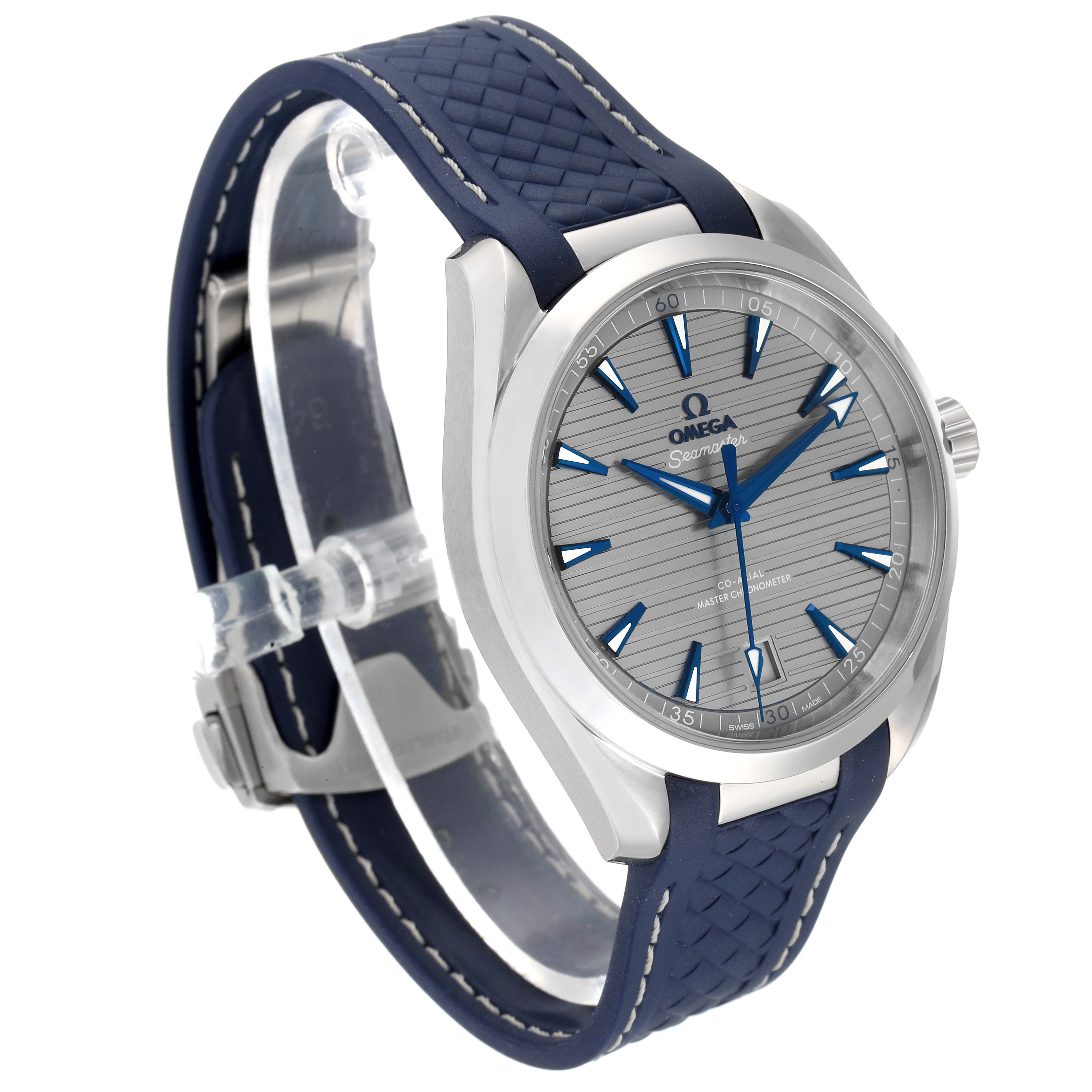 The image shows an angled view of an Omega Aqua Terra 220.12.41.21.06.001 Men
s Stainless Steel Grey Dial 220.12.41.21.06.001 Men
s Stainless Steel Grey Dial watch, featuring the dial, bezel, case, and strap.