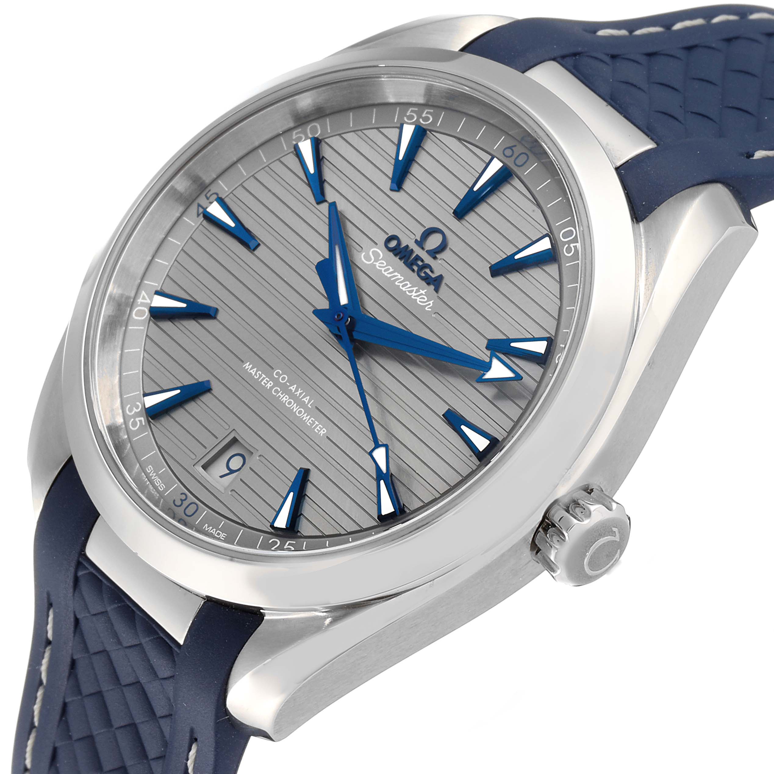 The Omega Aqua Terra 220.12.41.21.06.001 Men
s Stainless Steel Grey Dial 220.12.41.21.06.001 Men
s Stainless Steel Grey Dial watch is shown at a three-quarter angle, highlighting its face, bezel, and a portion of its blue strap.