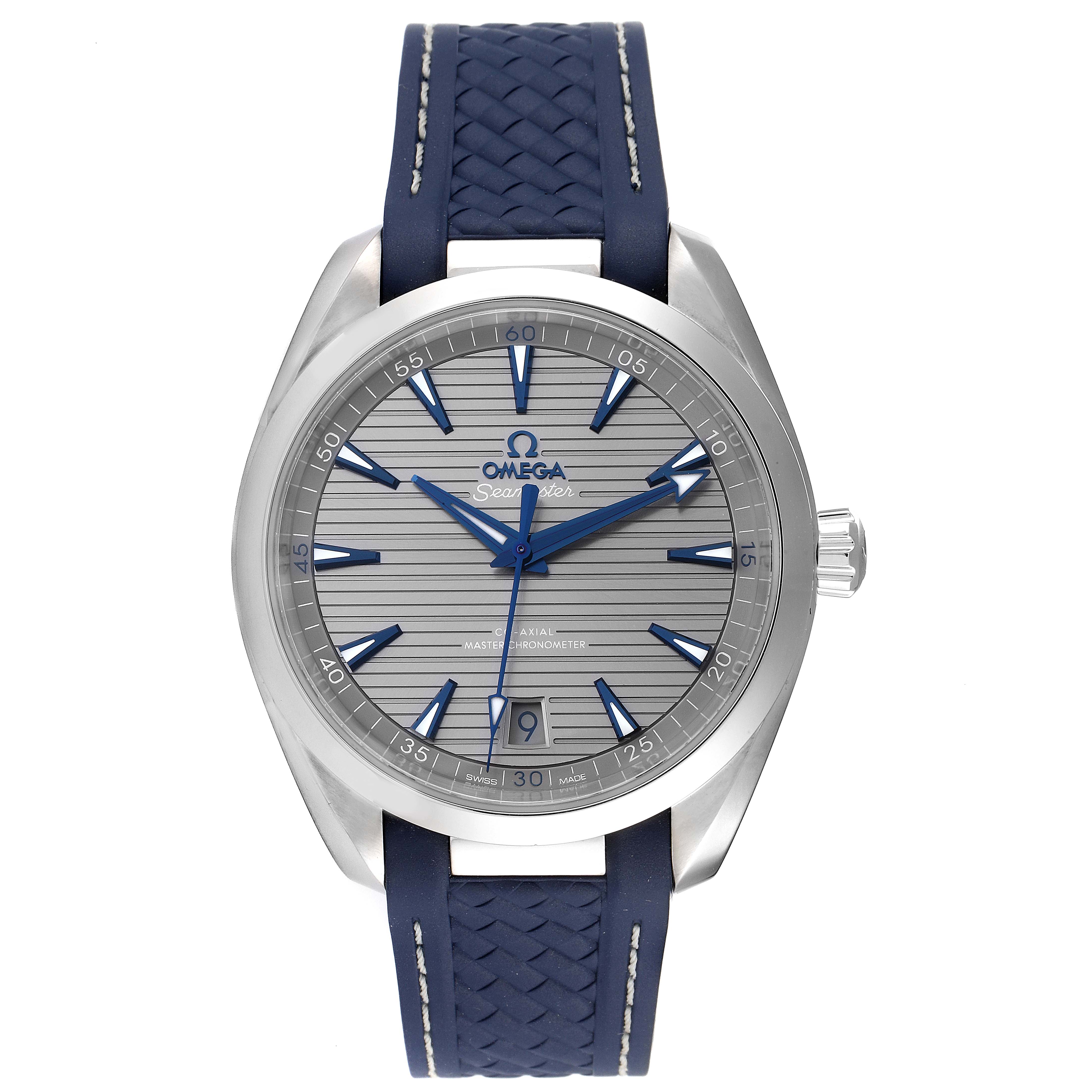 The Omega Aqua Terra 220.12.41.21.06.001 Men
s Stainless Steel Grey Dial 220.12.41.21.06.001 Men
s Stainless Steel Grey Dial watch is shown from the front, highlighting its face, hands, dial, and strap.