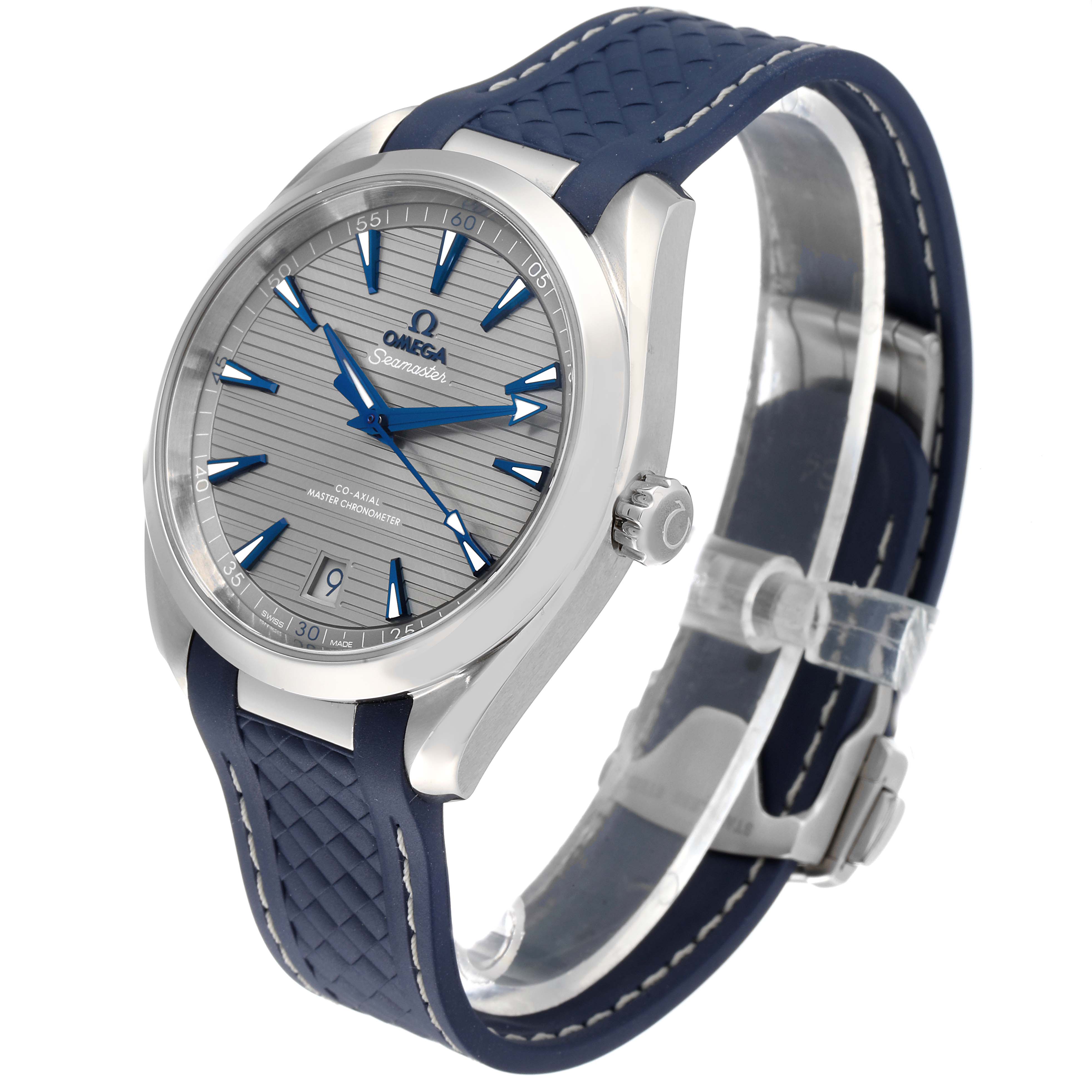 The Omega Aqua Terra 220.12.41.21.06.001 Men
s Stainless Steel Grey Dial 220.12.41.21.06.001 Men
s Stainless Steel Grey Dial watch is shown at a three-quarter angle with a focus on its face, blue strap, and side profile.