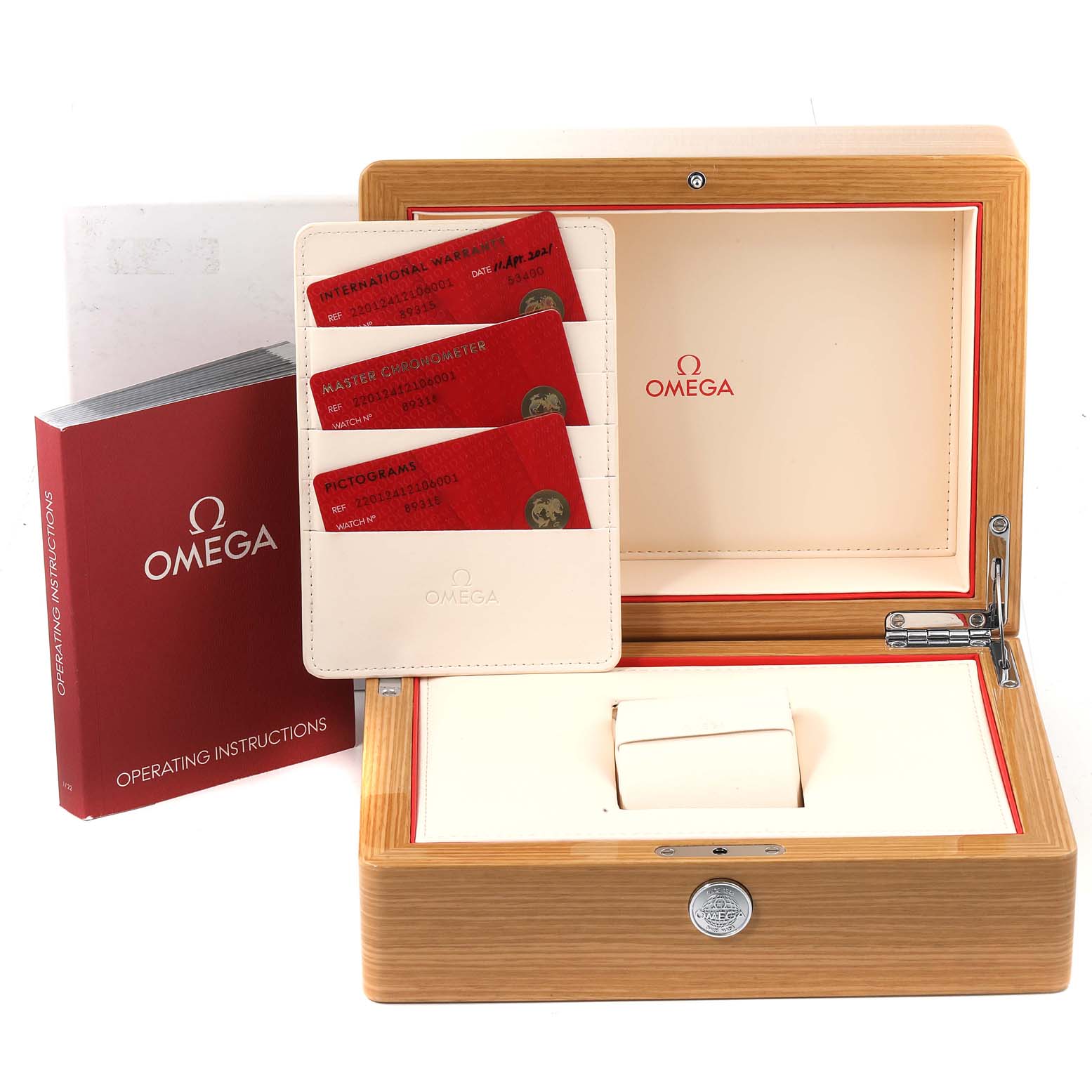 The image shows the Omega Aqua Terra 220.12.41.21.06.001 Men
s Stainless Steel Grey Dial 220.12.41.21.06.001 Men
s Stainless Steel Grey Dial watch box, warranty cards, and operating instructions from a front angle.