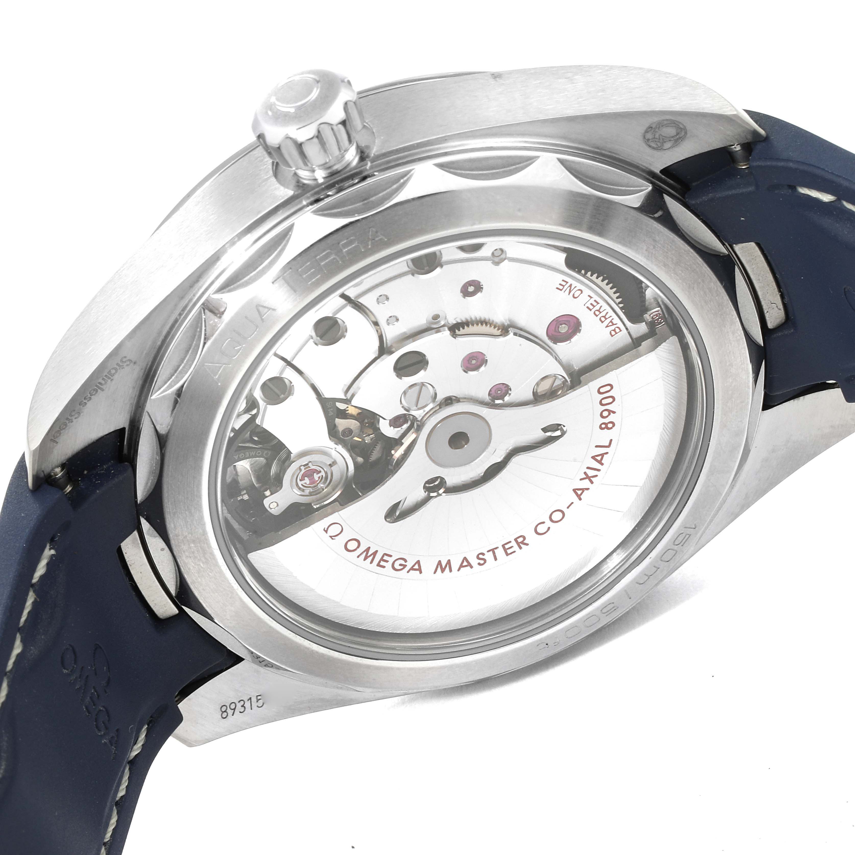 The image shows the back view of the Omega Aqua Terra 220.12.41.21.06.001 Men
s Stainless Steel Grey Dial 220.12.41.21.06.001 Men
s Stainless Steel Grey Dial watch, highlighting the movement and rotor inside the case.