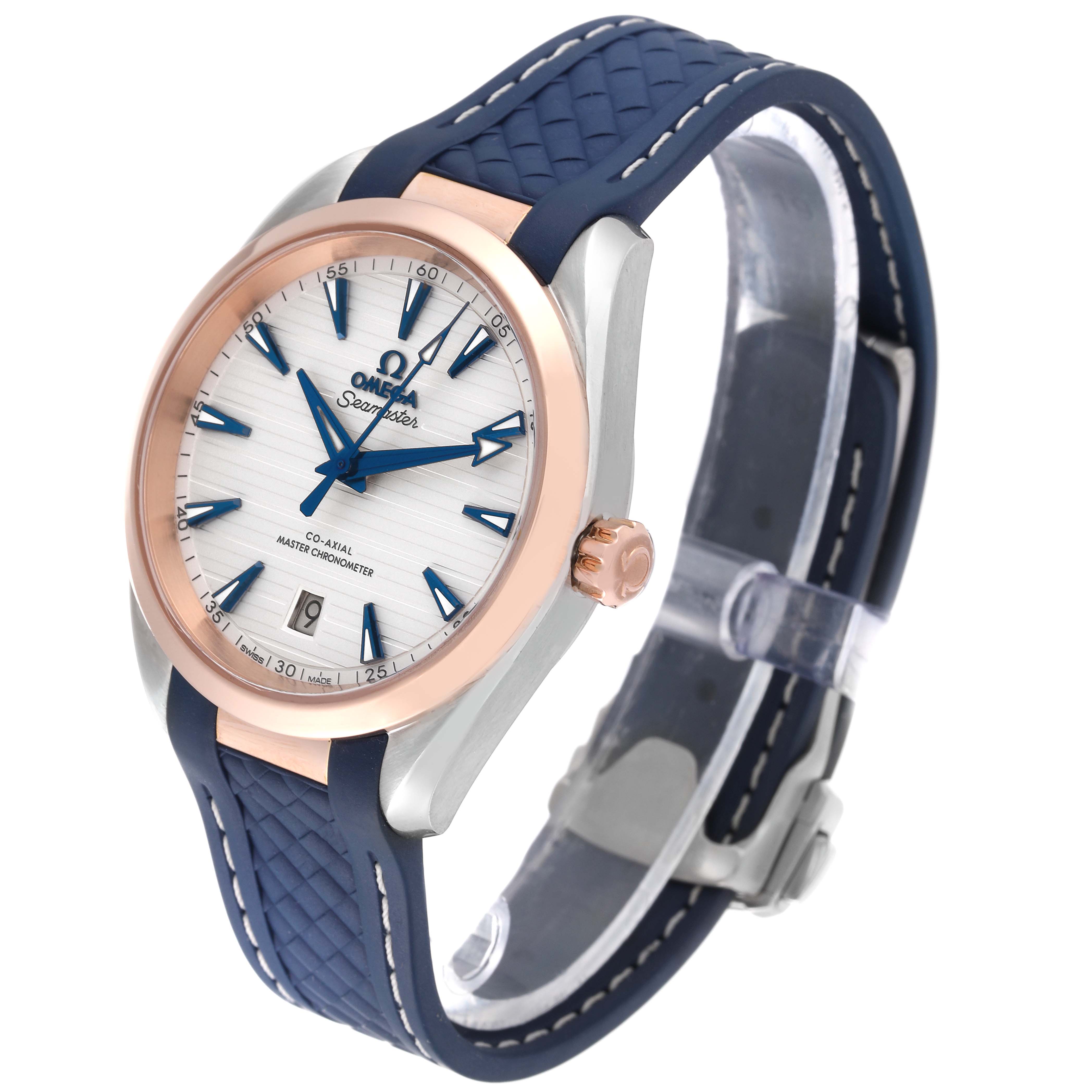 The Omega Aqua Terra 220.22.38.20.02.001 Men's Steel and Gold (two tone) Silver Dial 220.22.38.20.02.001 Men's Steel and Gold (two tone) Silver Dial watch is shown at a three-quarter angle, displaying the face, bezel, crown, and strap.