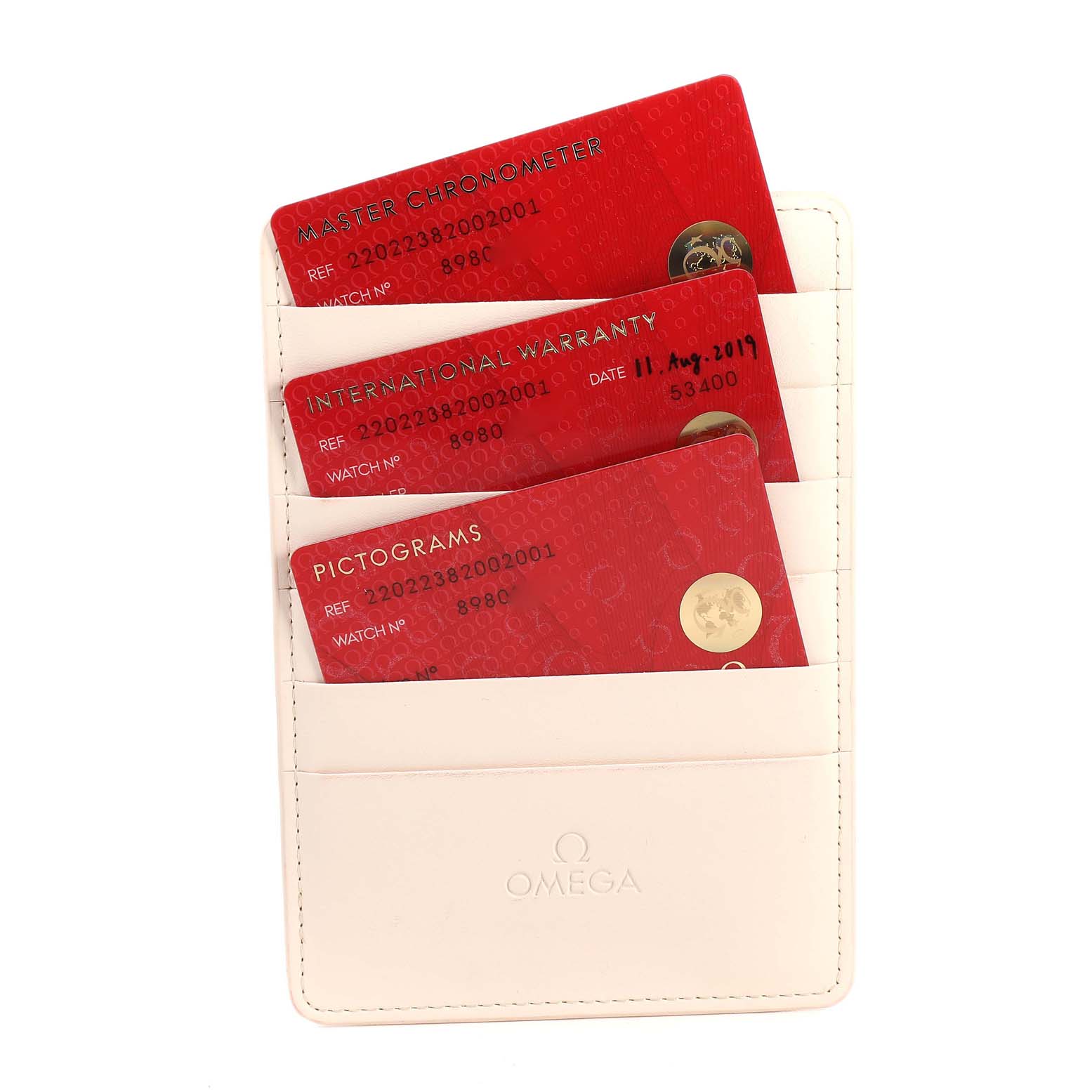 This image shows warranty and certification cards for an Omega Aqua Terra 220.22.38.20.02.001 Men's Steel and Gold (two tone) Silver Dial 220.22.38.20.02.001 Men's Steel and Gold (two tone) Silver Dial watch, displayed in a white Omega-branded cardholder.