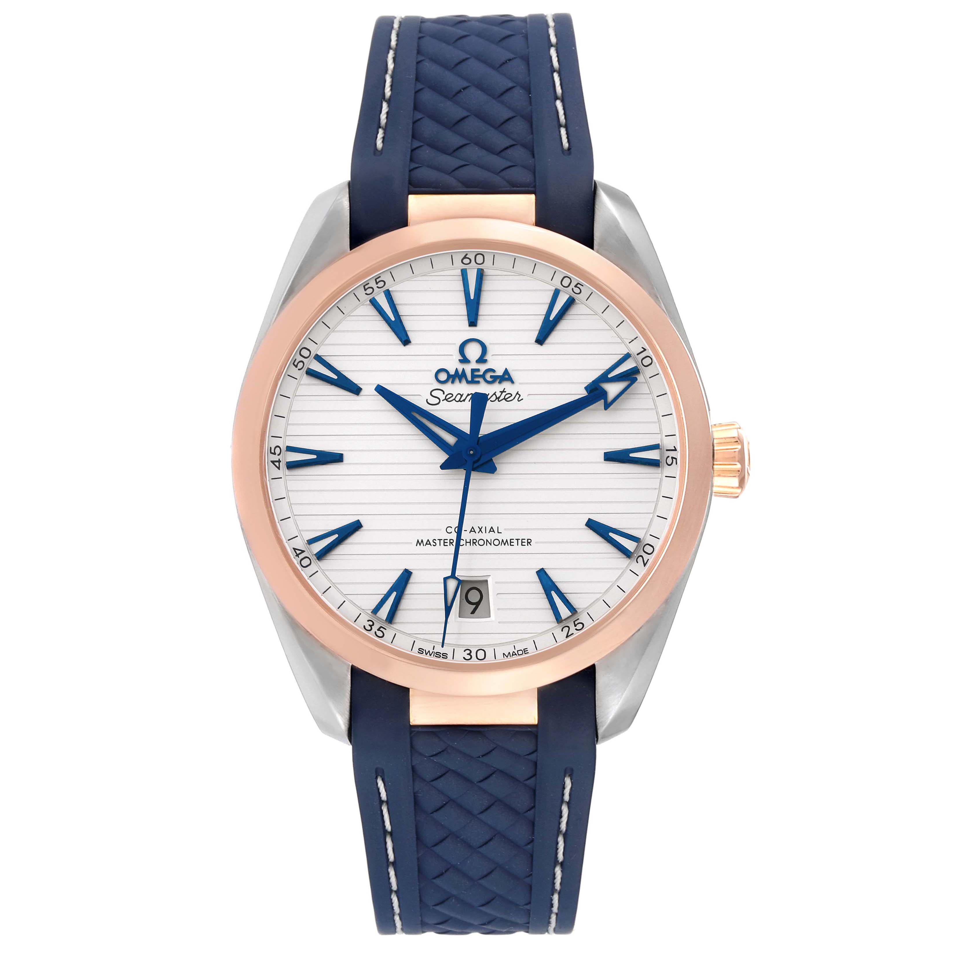 The image shows a front view of the Omega Aqua Terra 220.22.38.20.02.001 Men's Steel and Gold (two tone) Silver Dial 220.22.38.20.02.001 Men's Steel and Gold (two tone) Silver Dial watch with a blue strap and a rose gold-tinted bezel.