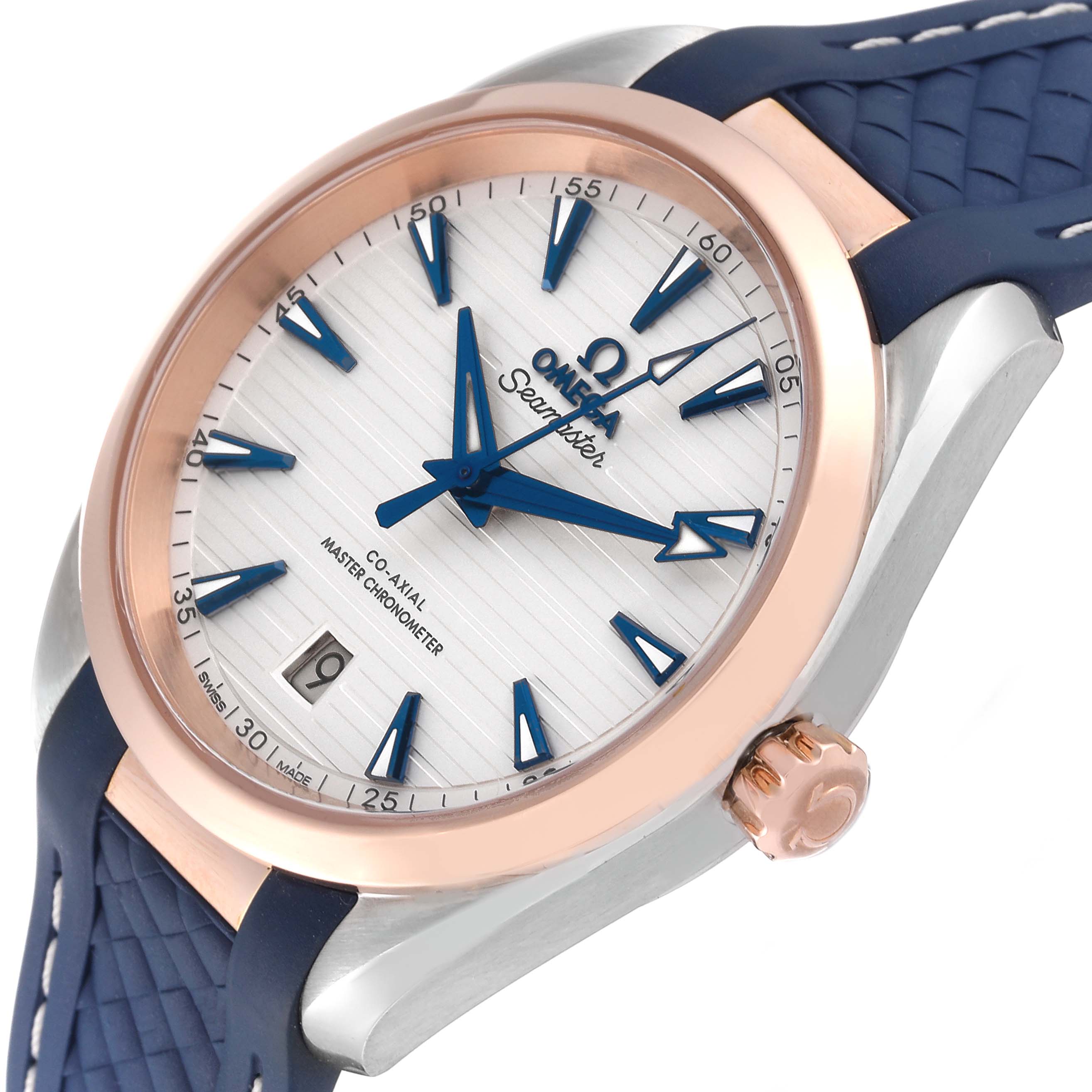 The Omega Aqua Terra 220.22.38.20.02.001 Men's Steel and Gold (two tone) Silver Dial 220.22.38.20.02.001 Men's Steel and Gold (two tone) Silver Dial watch is shown at an angle, displaying the face, bezel, crown, and part of the strap.