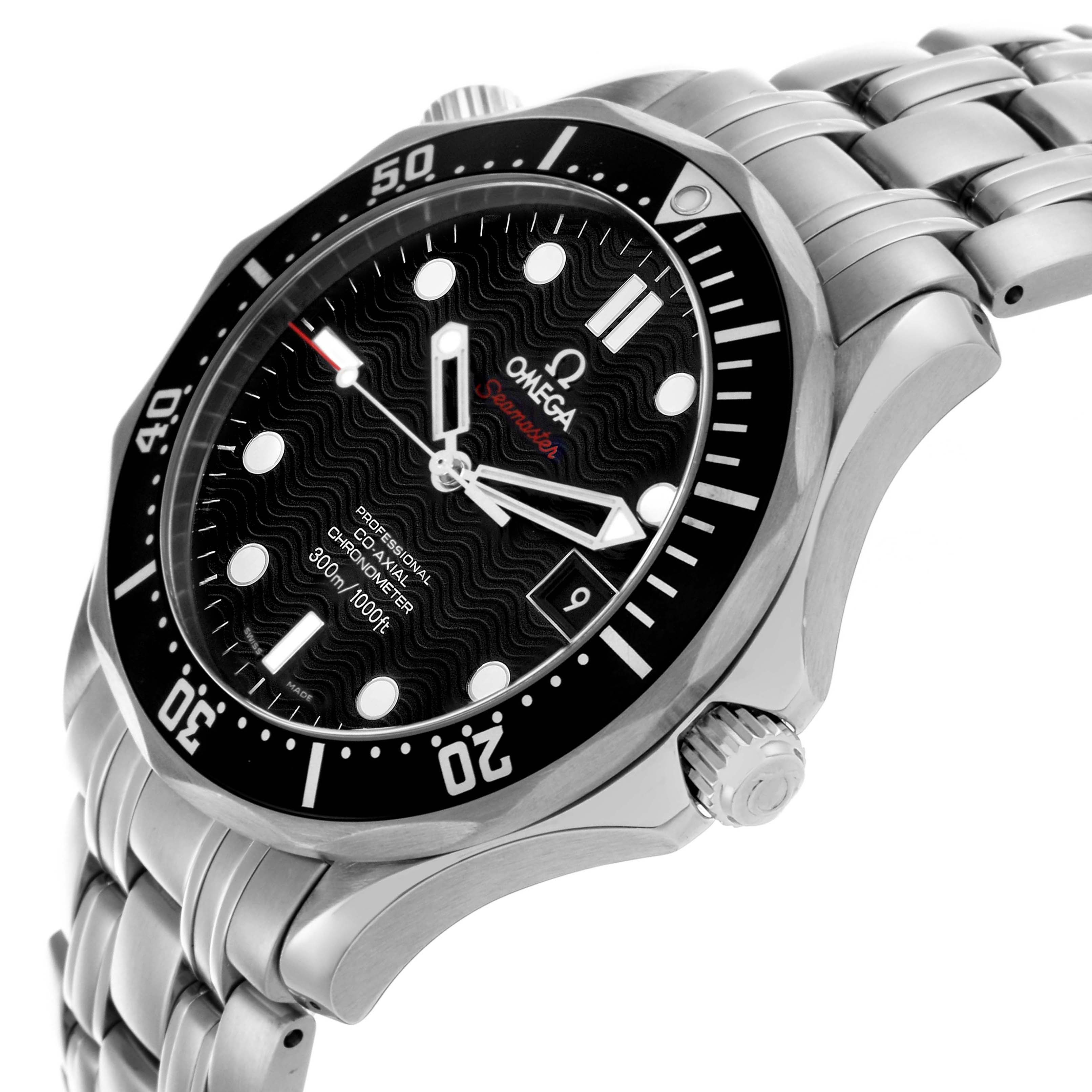 The Omega Seamaster 212.30.41.20.01.002 Men's Stainless Steel Black Dial 212.30.41.20.01.002 Men's Stainless Steel Black Dial watch is shown at a slight angle highlighting the dial, bezel, crown, and part of the bracelet.