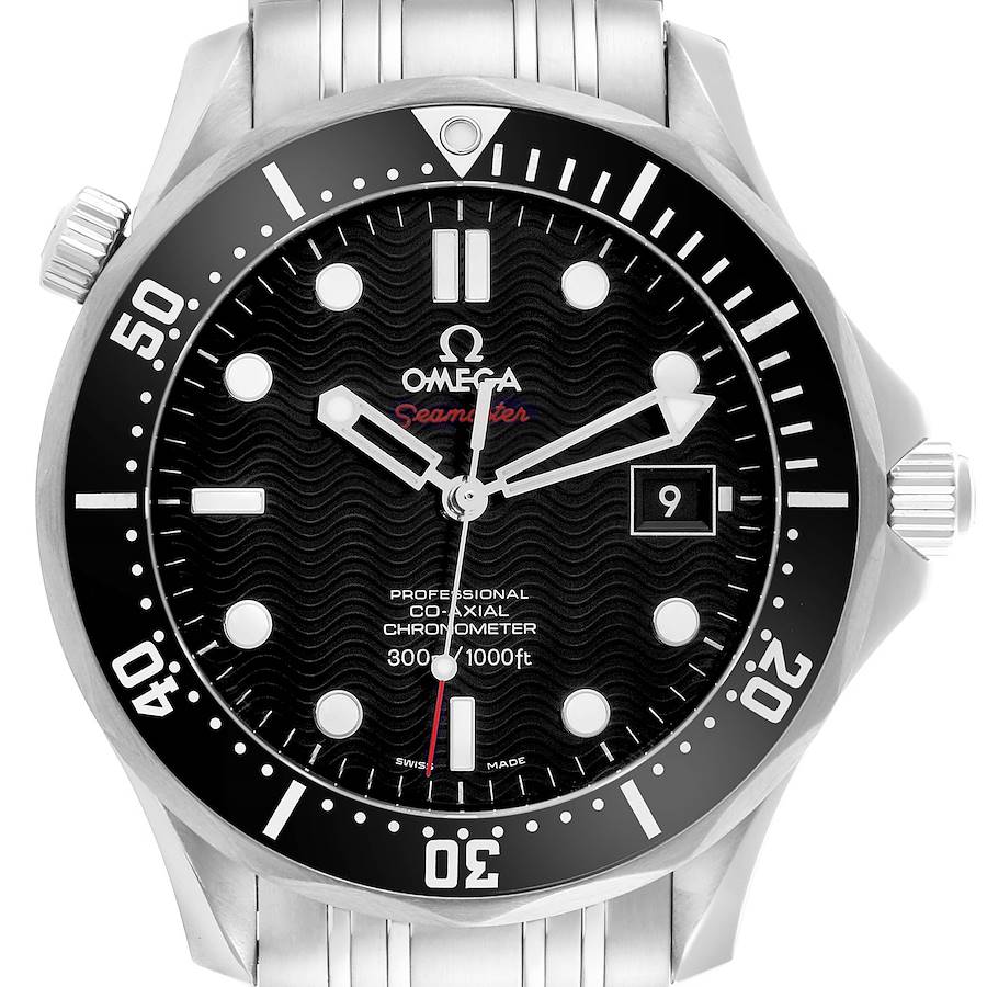 The Omega Seamaster watch is shown from the front, displaying the face, bezel, and part of the bracelet.