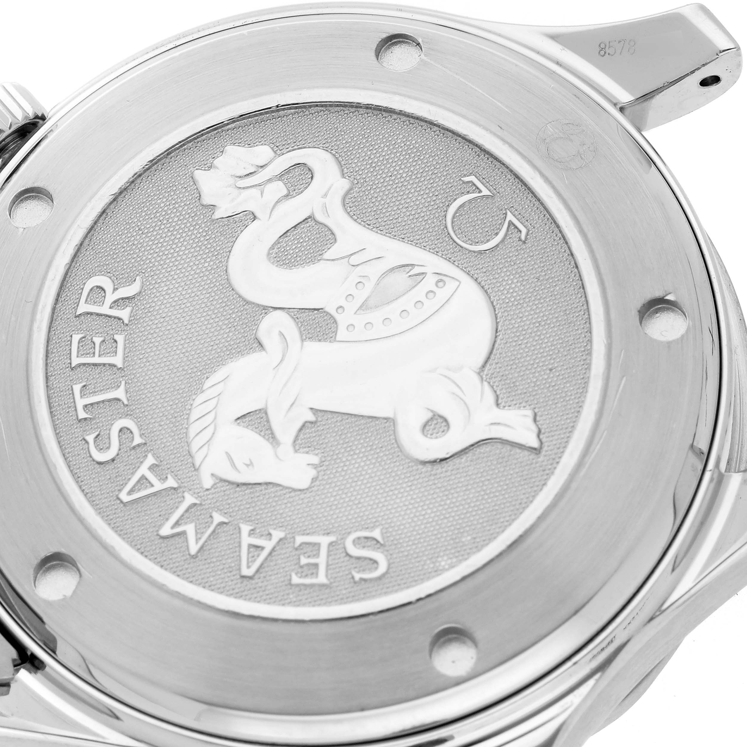 The image shows the case back of the Omega Seamaster 212.30.41.20.01.002 Men's Stainless Steel Black Dial 212.30.41.20.01.002 Men's Stainless Steel Black Dial, featuring the embossed Seamaster logo.