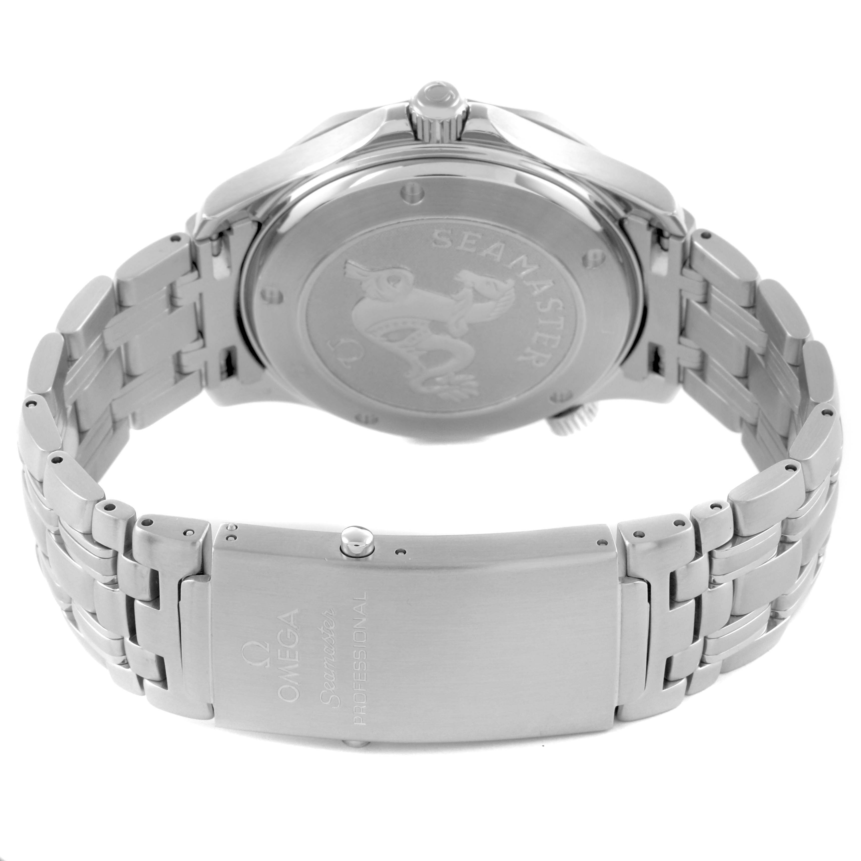 The image shows the back and clasp of an Omega Seamaster 212.30.41.20.01.002 Men's Stainless Steel Black Dial 212.30.41.20.01.002 Men's Stainless Steel Black Dial watch at an angle highlighting its bracelet and engraved case back.