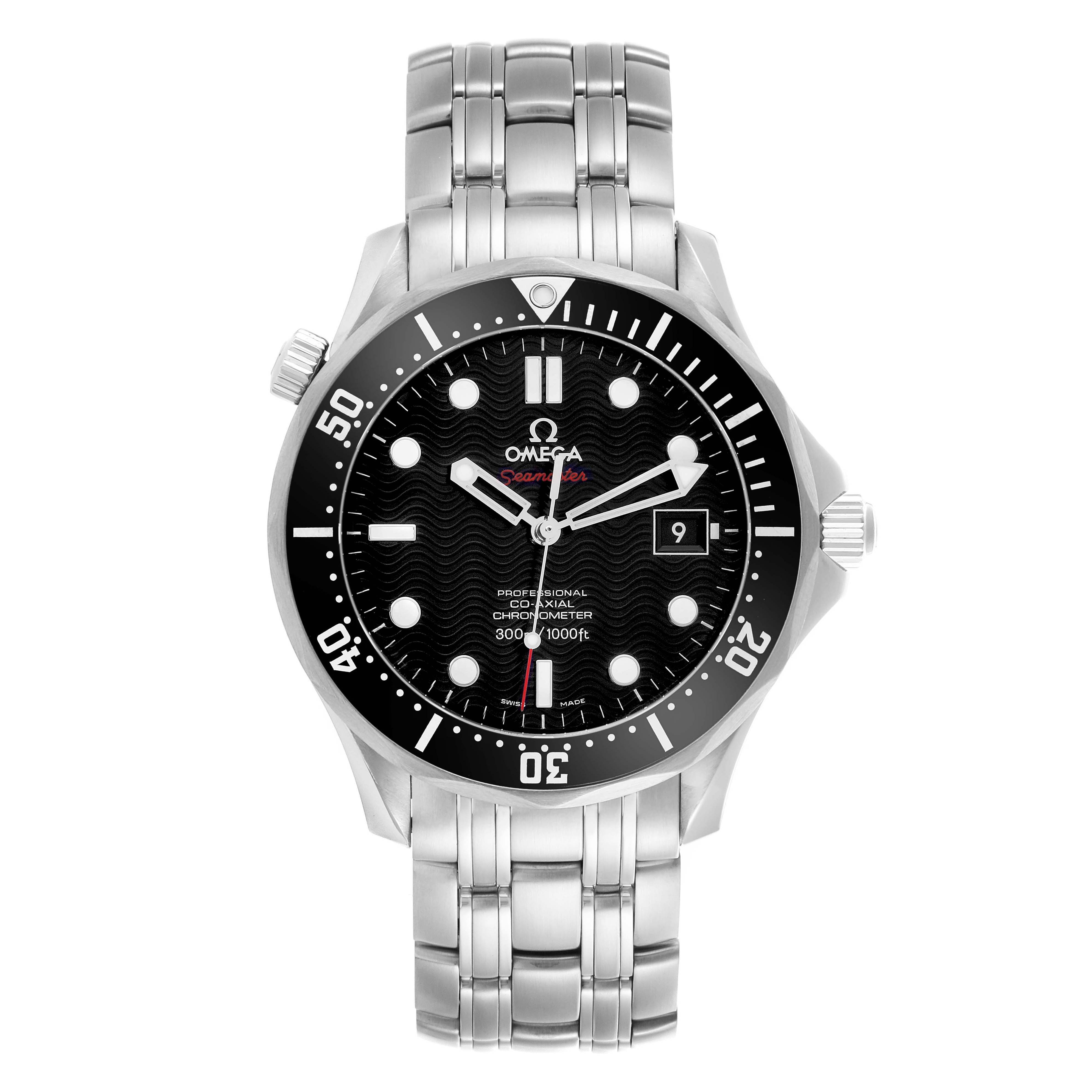 The Omega Seamaster 212.30.41.20.01.002 Men's Stainless Steel Black Dial 212.30.41.20.01.002 Men's Stainless Steel Black Dial watch is shown from a front view, highlighting the dial, bezel, hands, and bracelet.