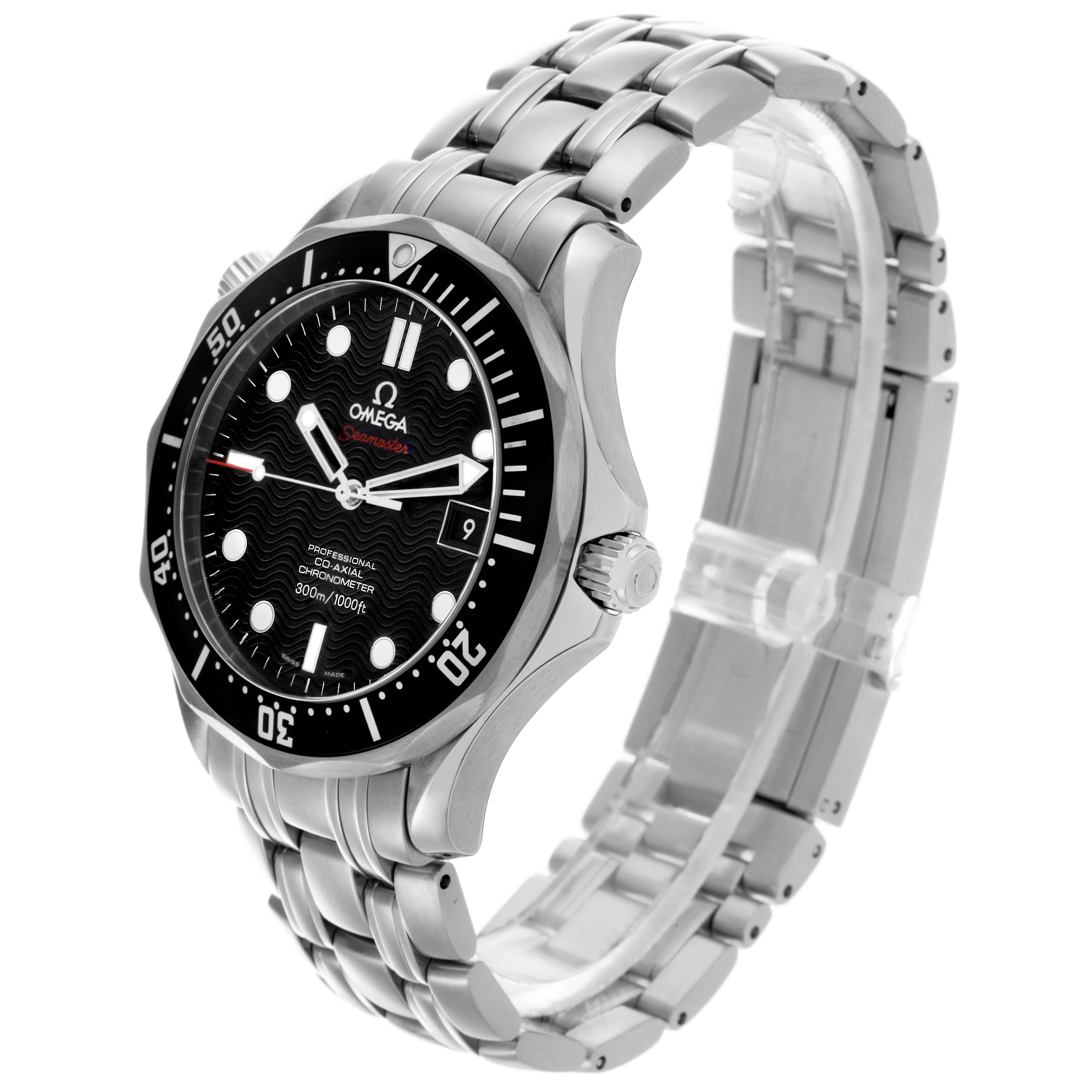 The Omega Seamaster 212.30.41.20.01.002 Men's Stainless Steel Black Dial 212.30.41.20.01.002 Men's Stainless Steel Black Dial watch is shown from a three-quarter angle, displaying the face, bezel, crown, and bracelet.