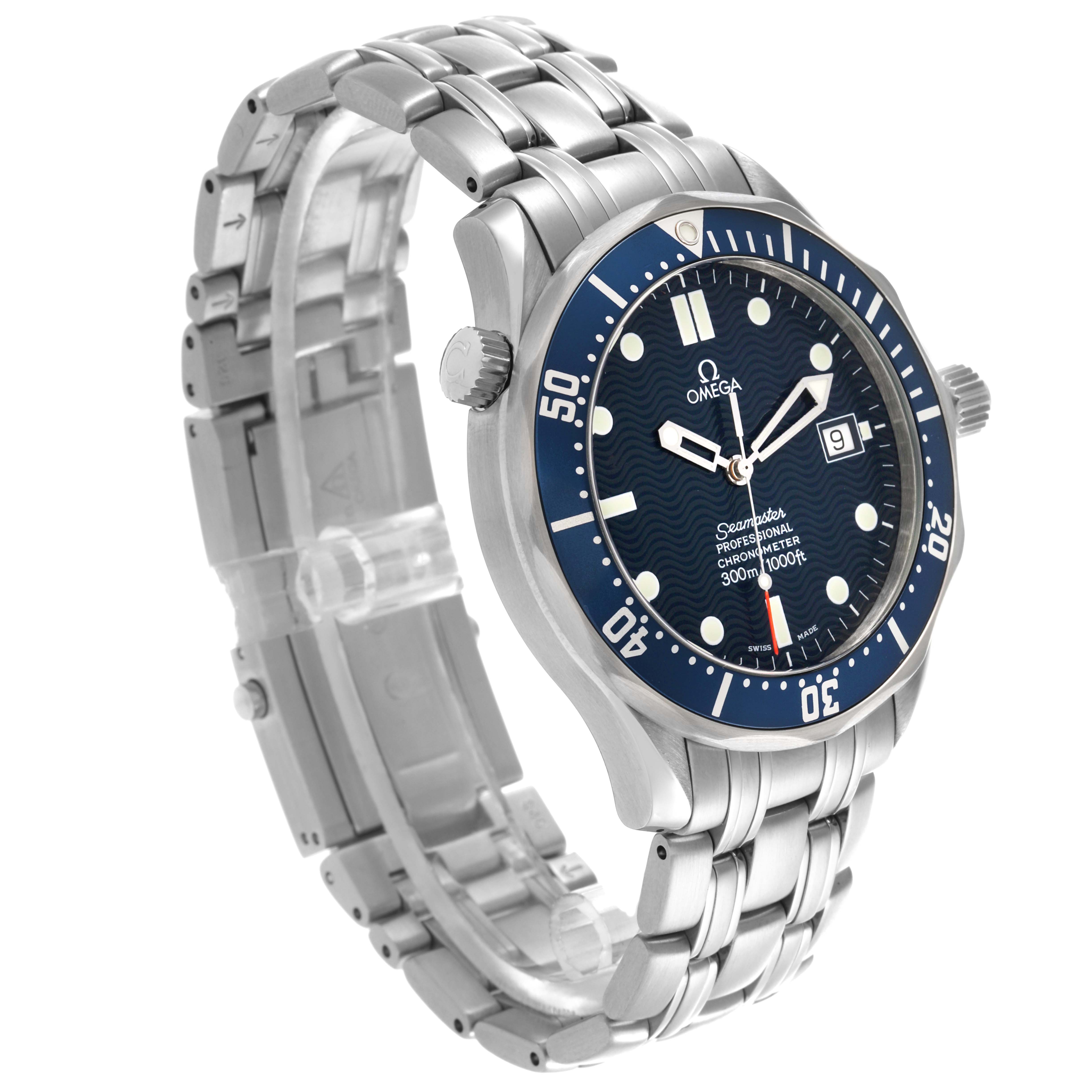 The Omega Seamaster 2531.80.00 Men
s Stainless Steel Blue Dial 2531.80.00 Men
s Stainless Steel Blue Dial watch is shown at an angled side view, highlighting the bracelet, dial, and bezel.