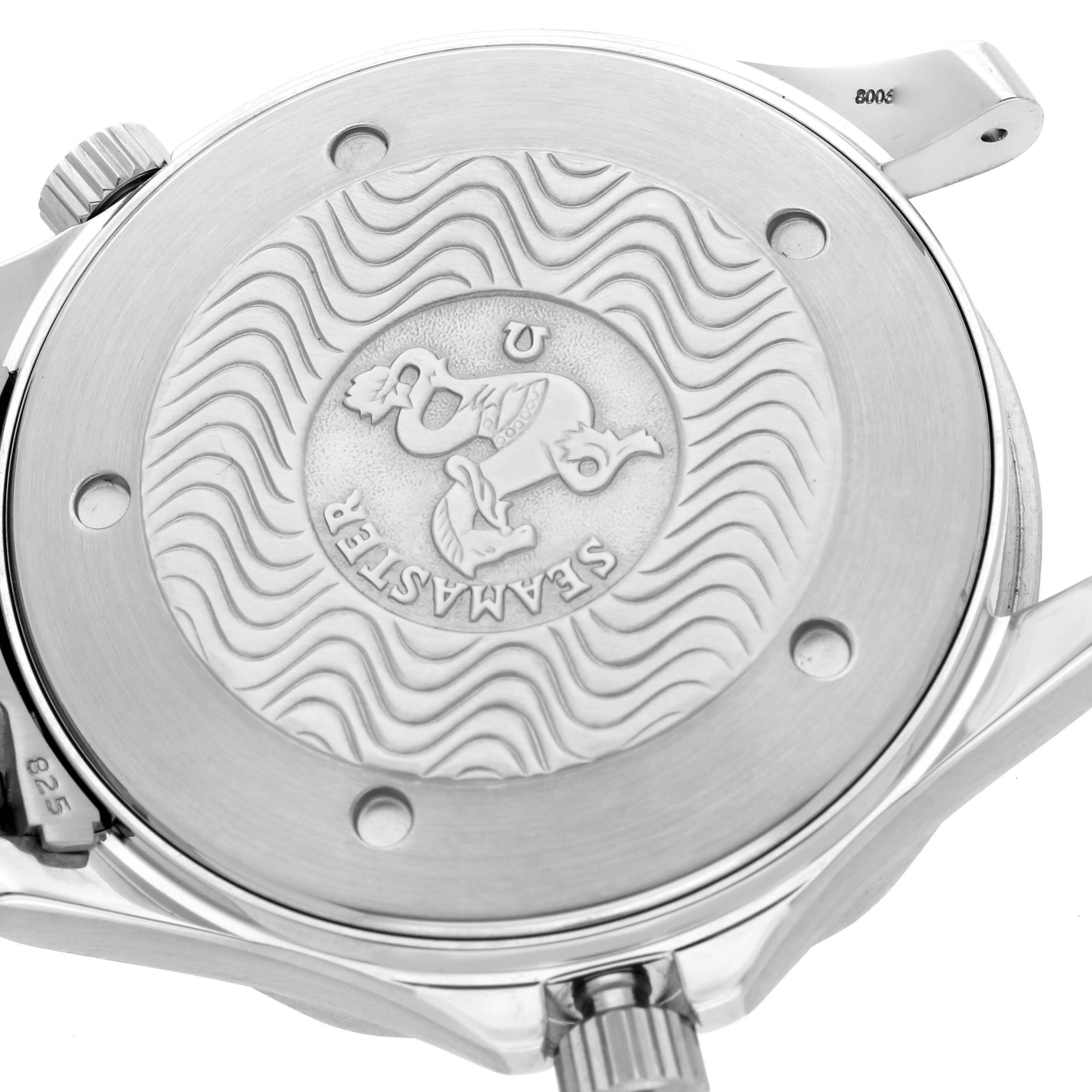 The image shows the back of an Omega Seamaster 2531.80.00 Men
s Stainless Steel Blue Dial 2531.80.00 Men
s Stainless Steel Blue Dial, highlighting the engraved case back and wavy design.