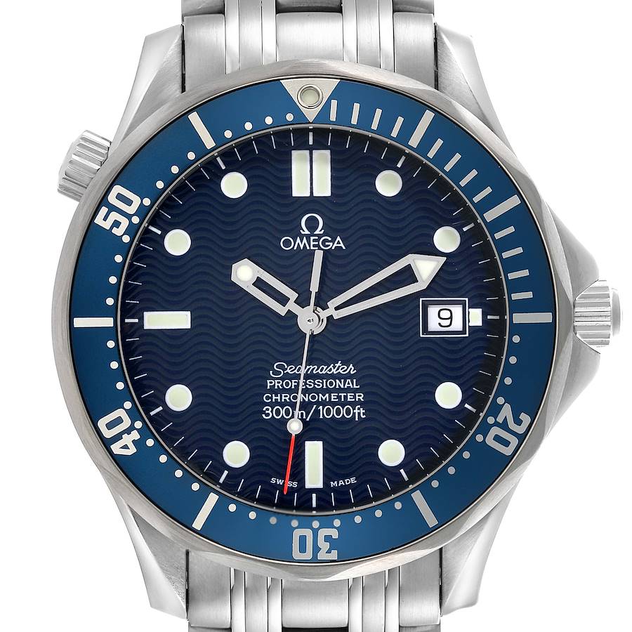 The Omega Seamaster watch is shown from a front angle, highlighting its blue dial, bezel, and stainless steel bracelet.