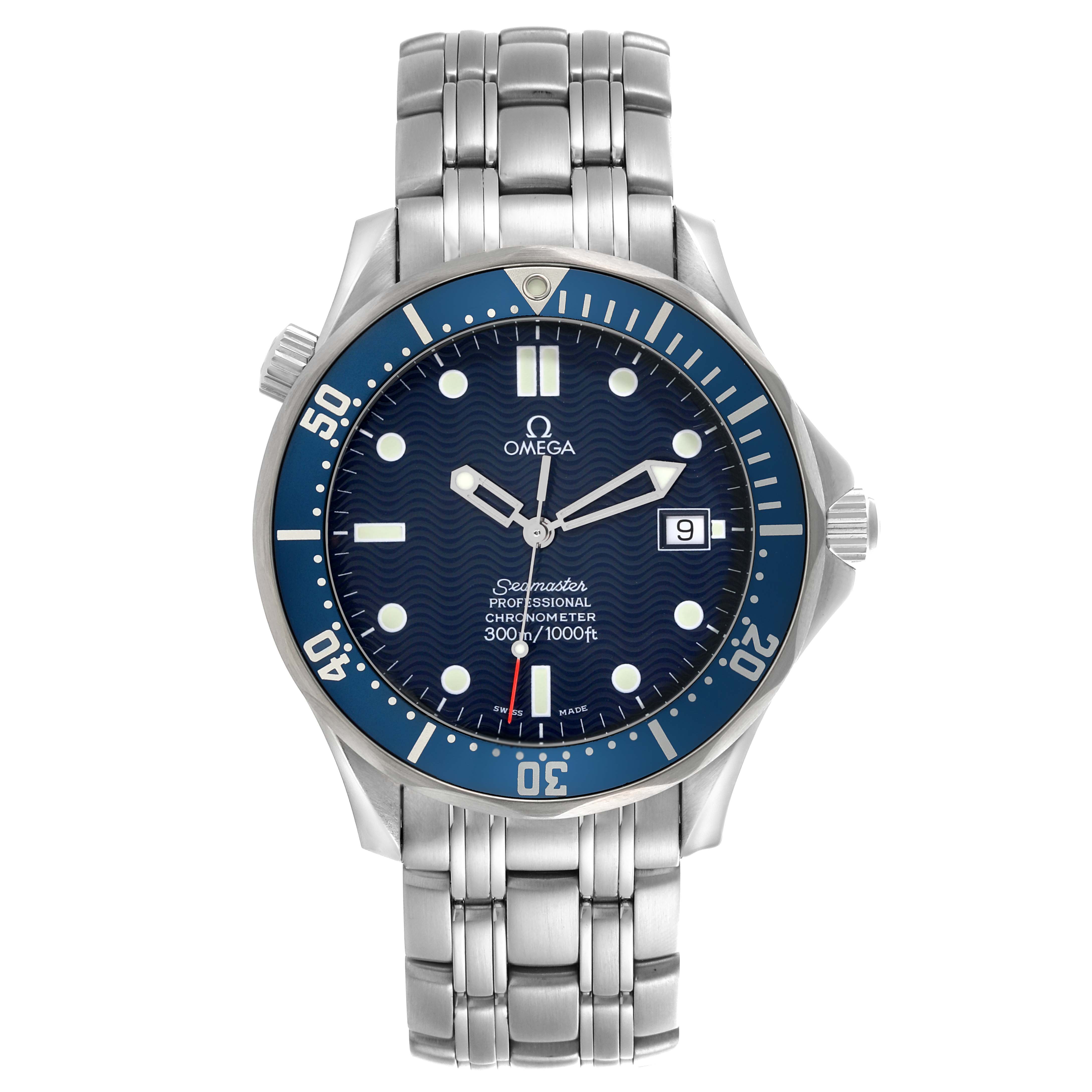 The Omega Seamaster 2531.80.00 Men
s Stainless Steel Blue Dial 2531.80.00 Men
s Stainless Steel Blue Dial watch is shown from a frontal view, displaying its dial, bezel, and bracelet.