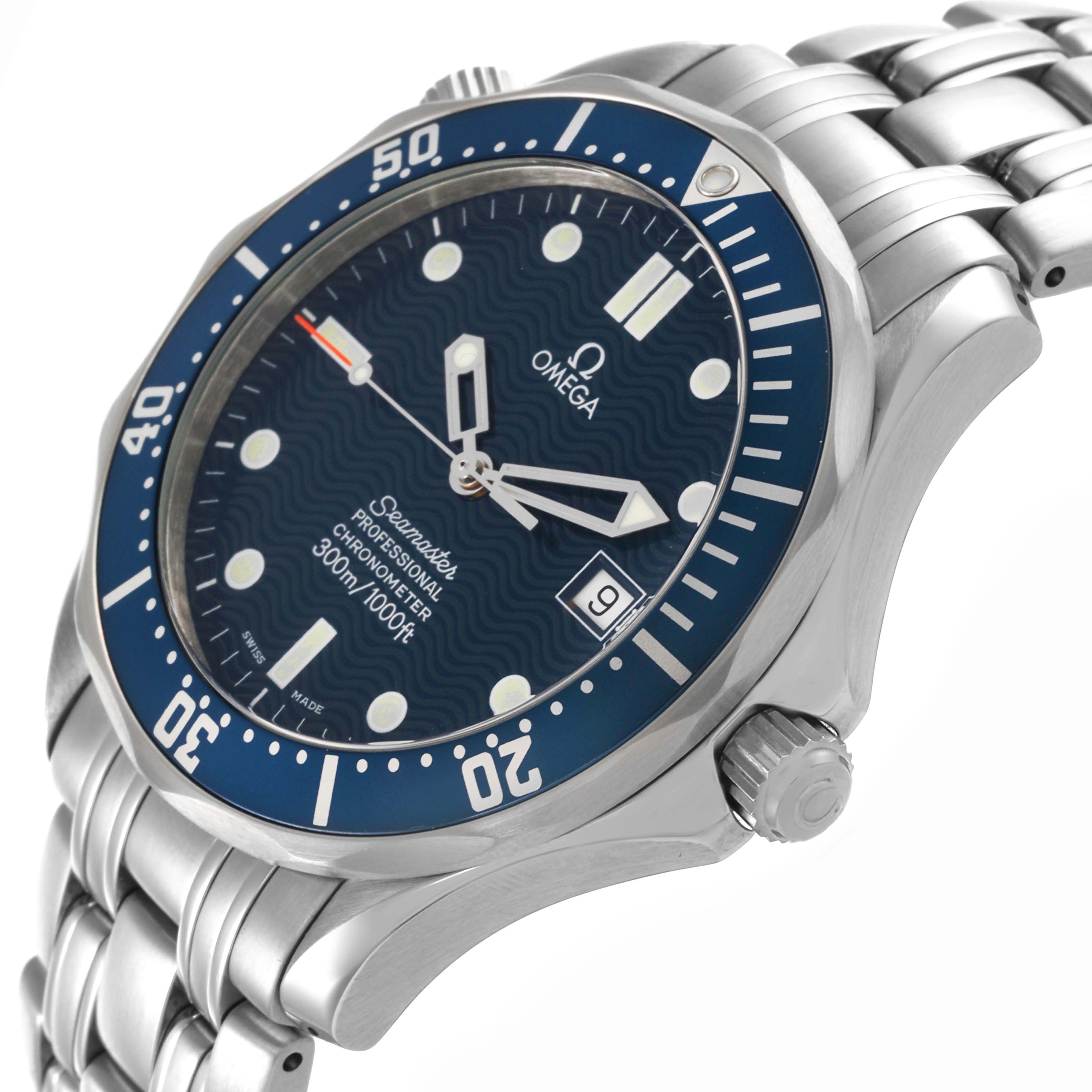 The image shows a side angle of the Omega Seamaster 2531.80.00 Men
s Stainless Steel Blue Dial 2531.80.00 Men
s Stainless Steel Blue Dial watch, highlighting the blue dial, bezel, crown, and metal bracelet.