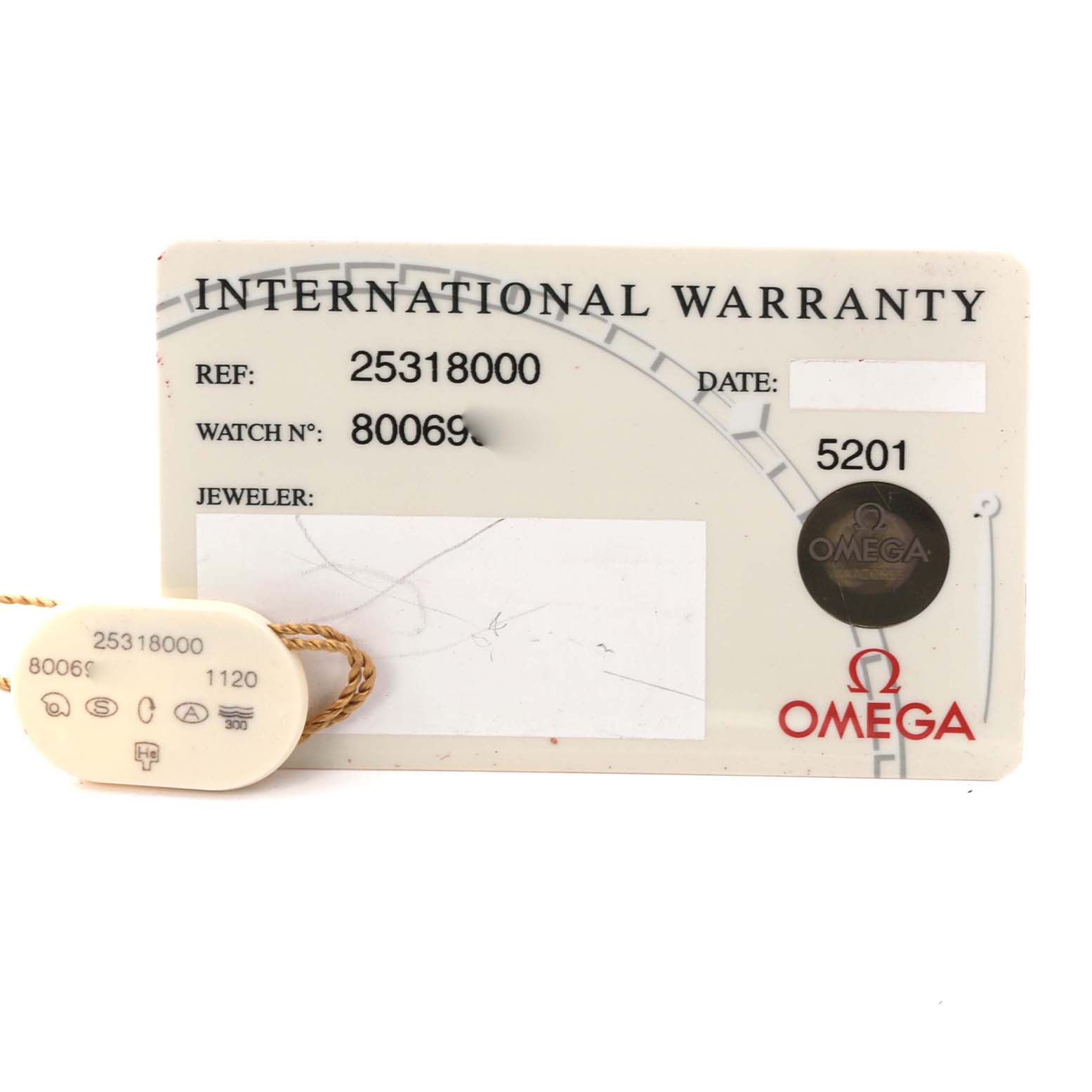 The image shows an Omega Seamaster 2531.80.00 Men
s Stainless Steel Blue Dial 2531.80.00 Men
s Stainless Steel Blue Dial
s international warranty card and a tag, both at a straight-on angle.